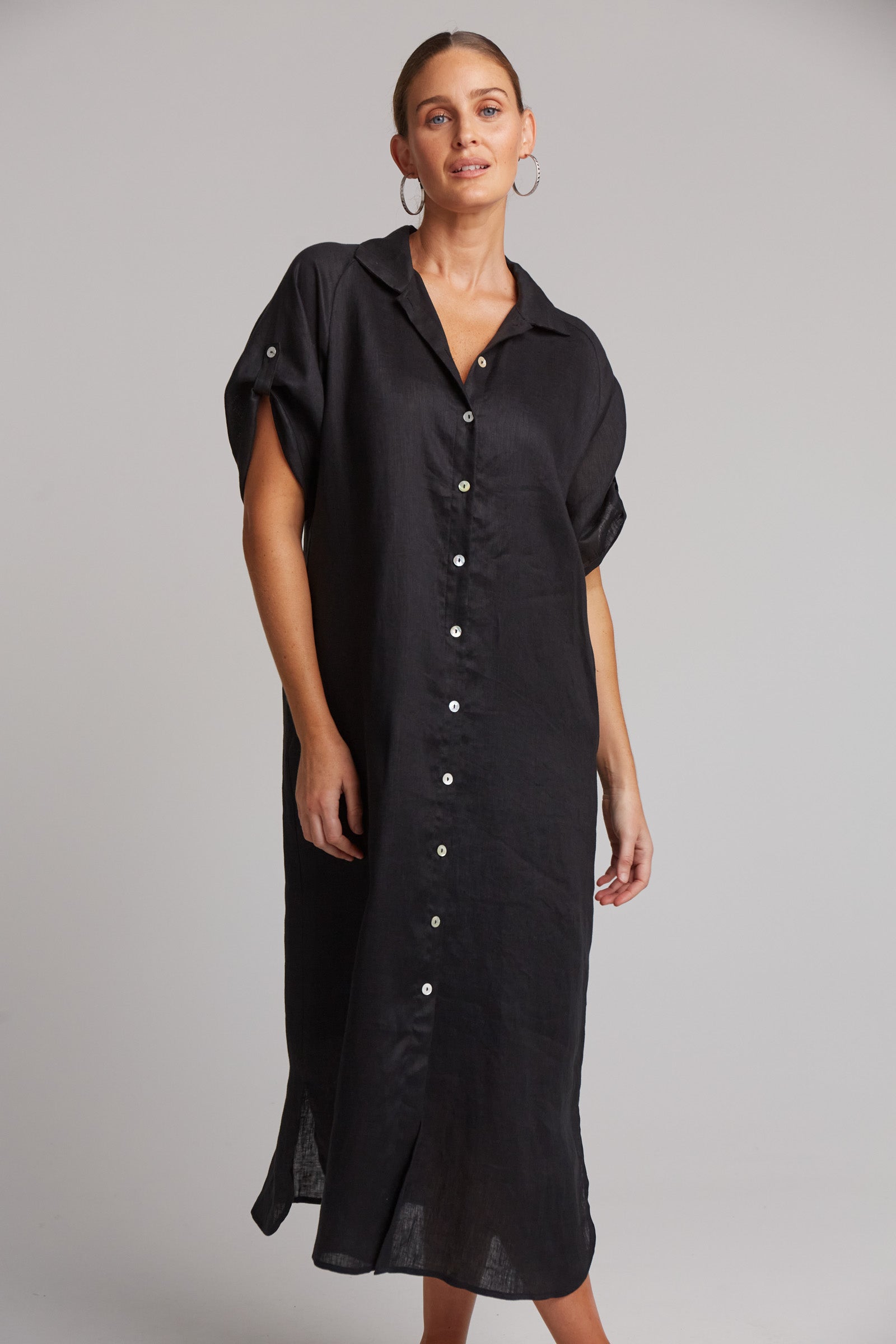 Eb&Ive Studio Linen Maxi Long Shirt Dress with pockets Black Ebony