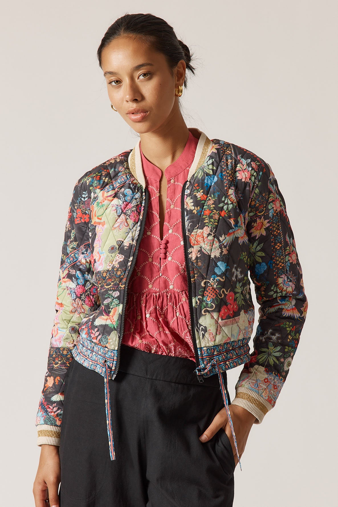 RubyYaya Lala Vintage & retro all over bird floral print statement  bold Asian print quilted bomber jacket women’s fashion Black 