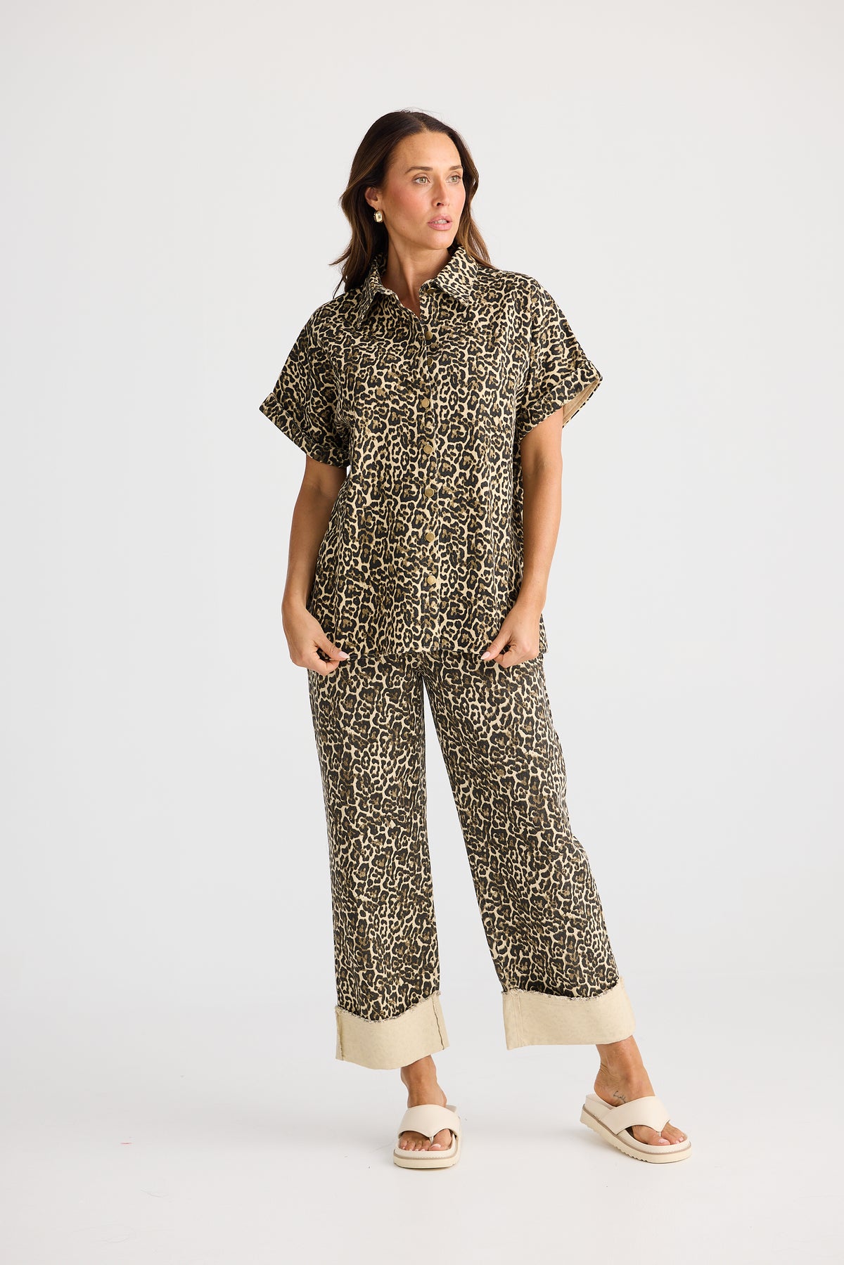 Brave + True Leroy Shirt  Beige Leopard Denim Short Shirt Top