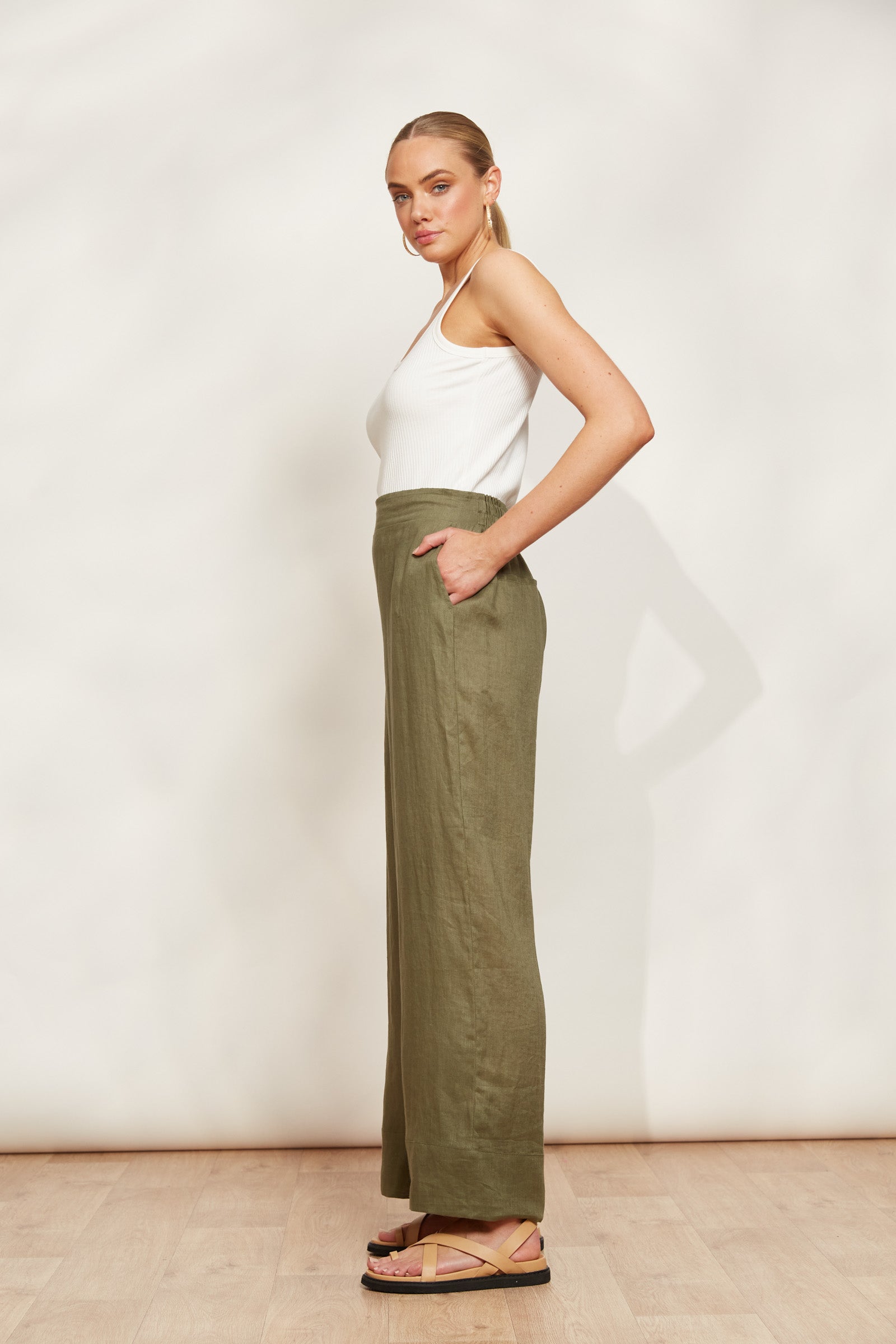 Eb&Ive Studio Linen Long Straight Wide Pant Khaki Work Pant