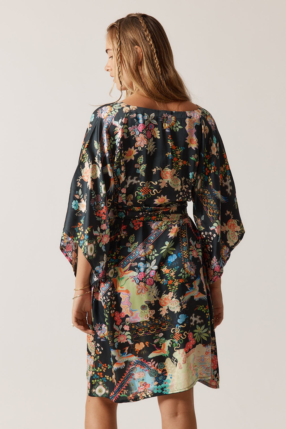 RubyYaya Lala kaftan Vintage & retro all over bird print statement bold Animal print with exclusive soft satin mini dress fashion kimono sleeve evening event dress 