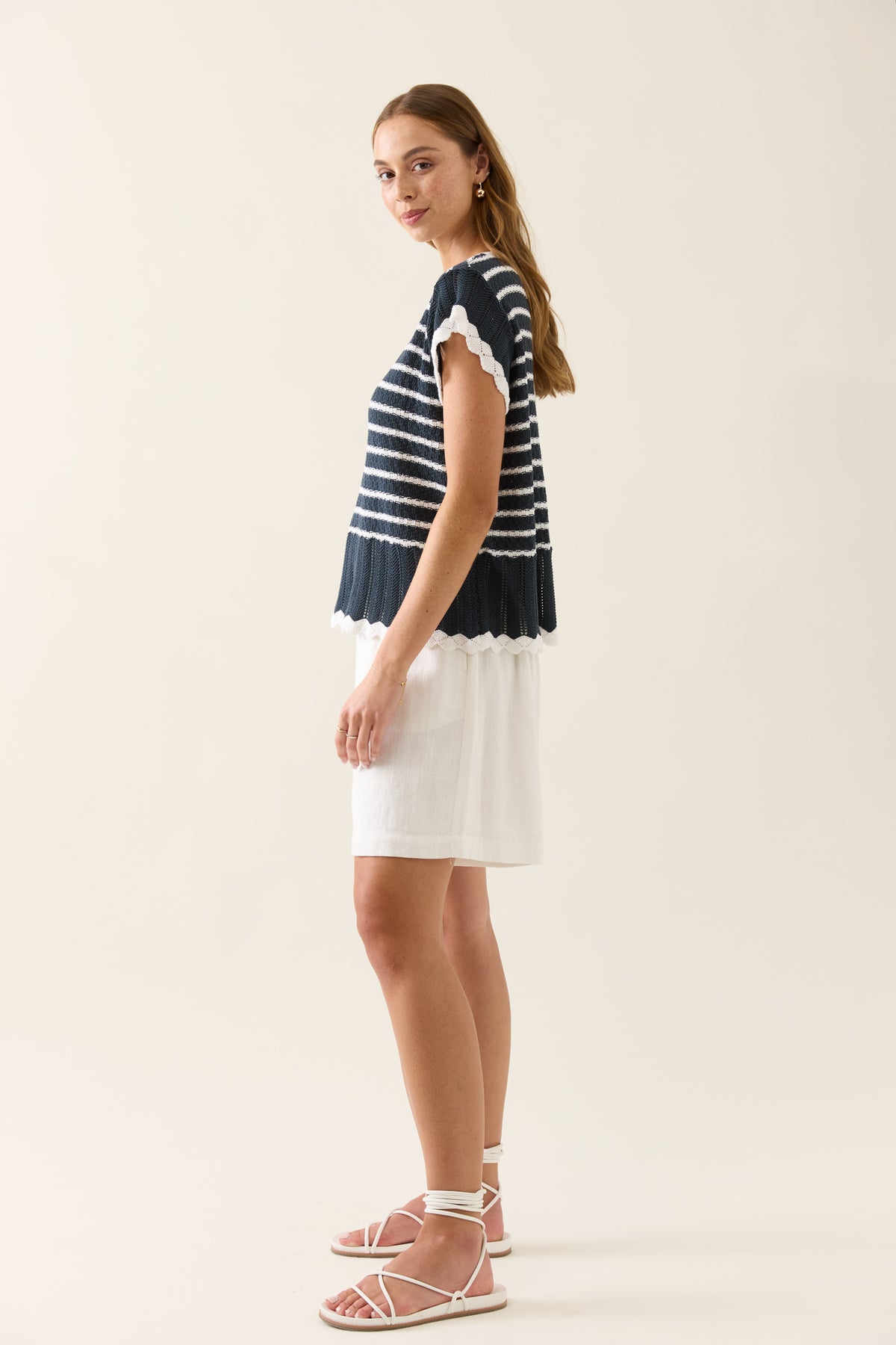 Isle Of Mine Ida Knit Navy White Top stripe T-shirt  crochet Summer 