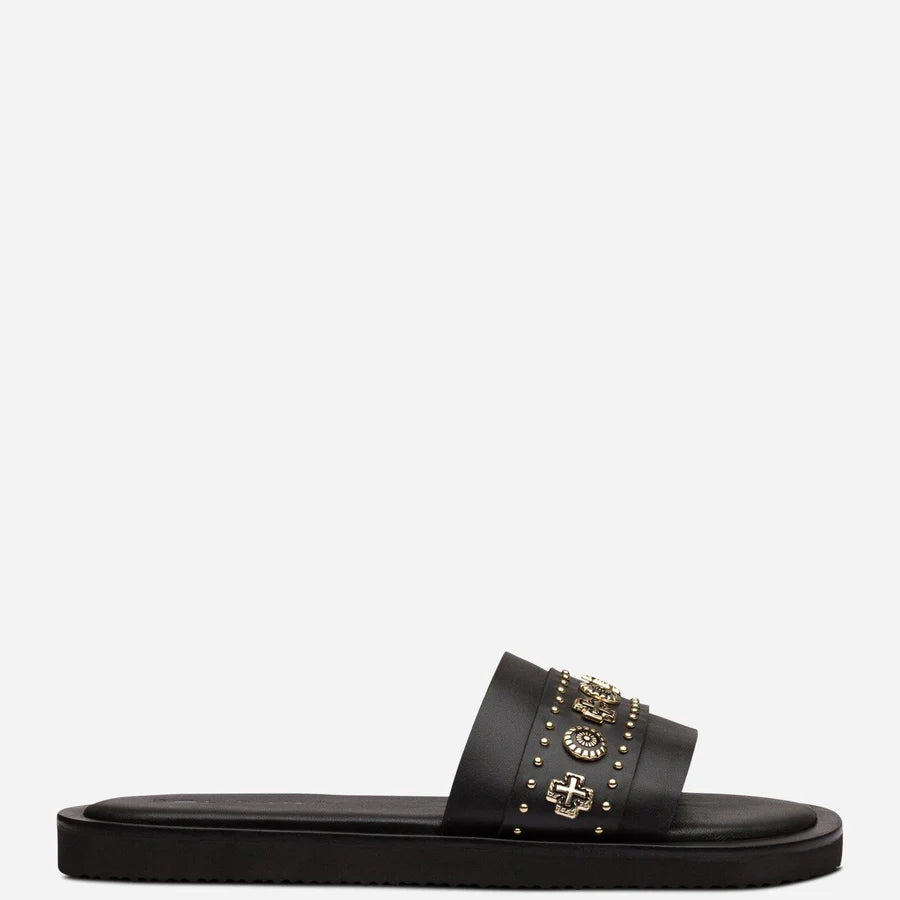 Sol Sana Cleo Slide Black Gold leather shoe with metal stud footbed 