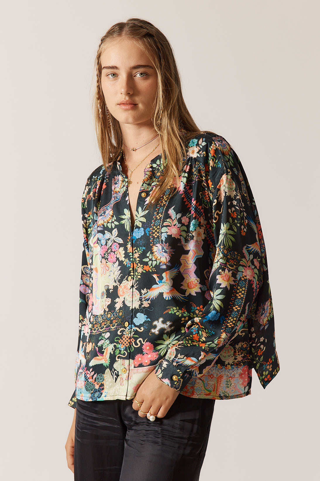 RubyYaya Lala Shirt Vintage & retro all over print statement  bold bird print soft button up Shirt  women’s fashion collared blouses Black with bright colours Long sleeve