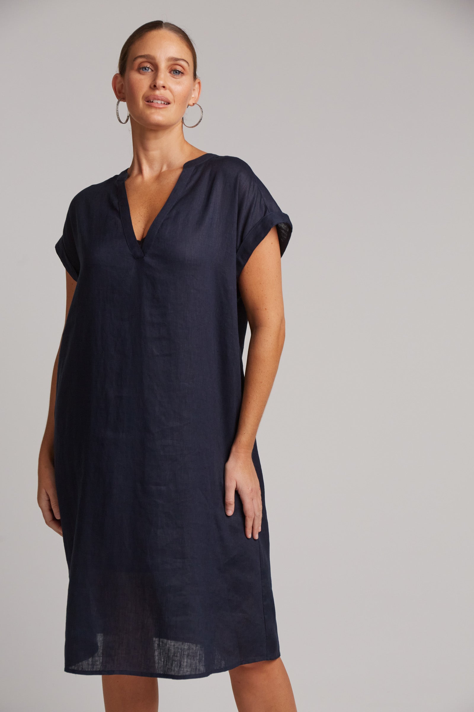 Eb&Ive Studio Linen Midi  Dress with pockets Navy Work Dress