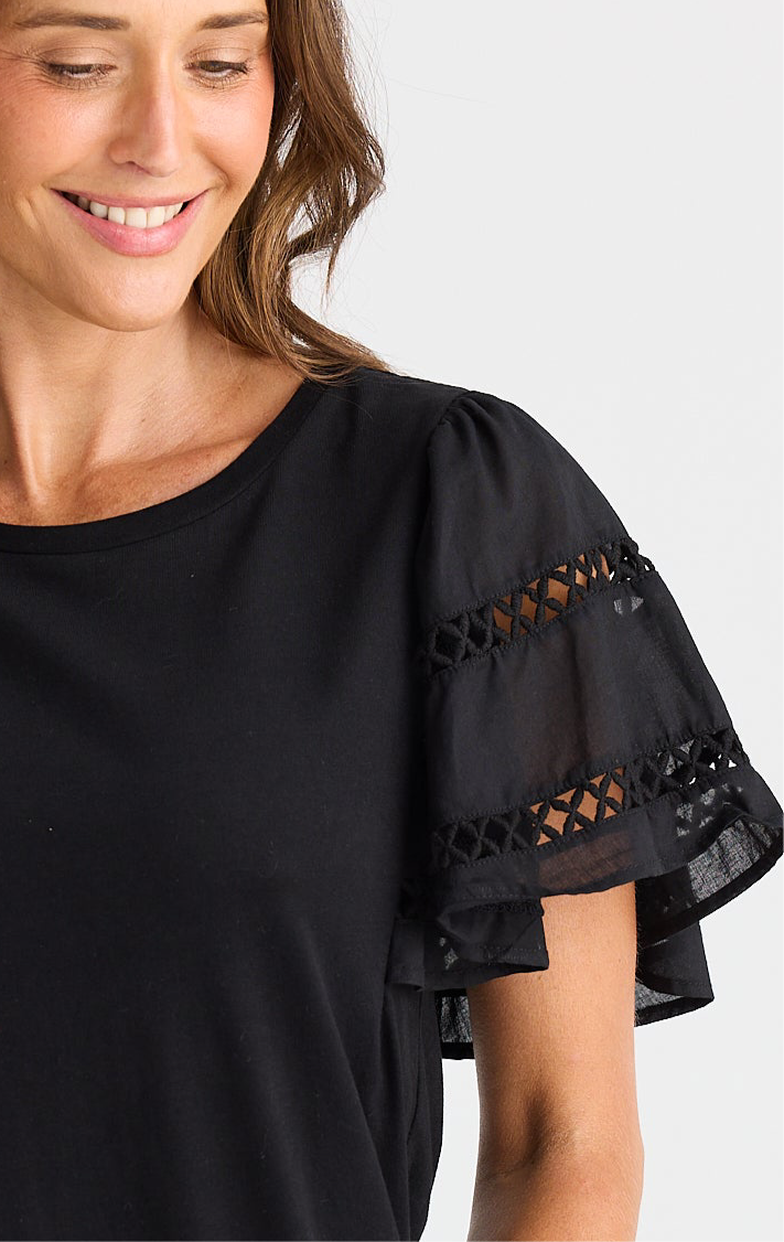 Chloe Tee - Lace Cap Sleeve Black
