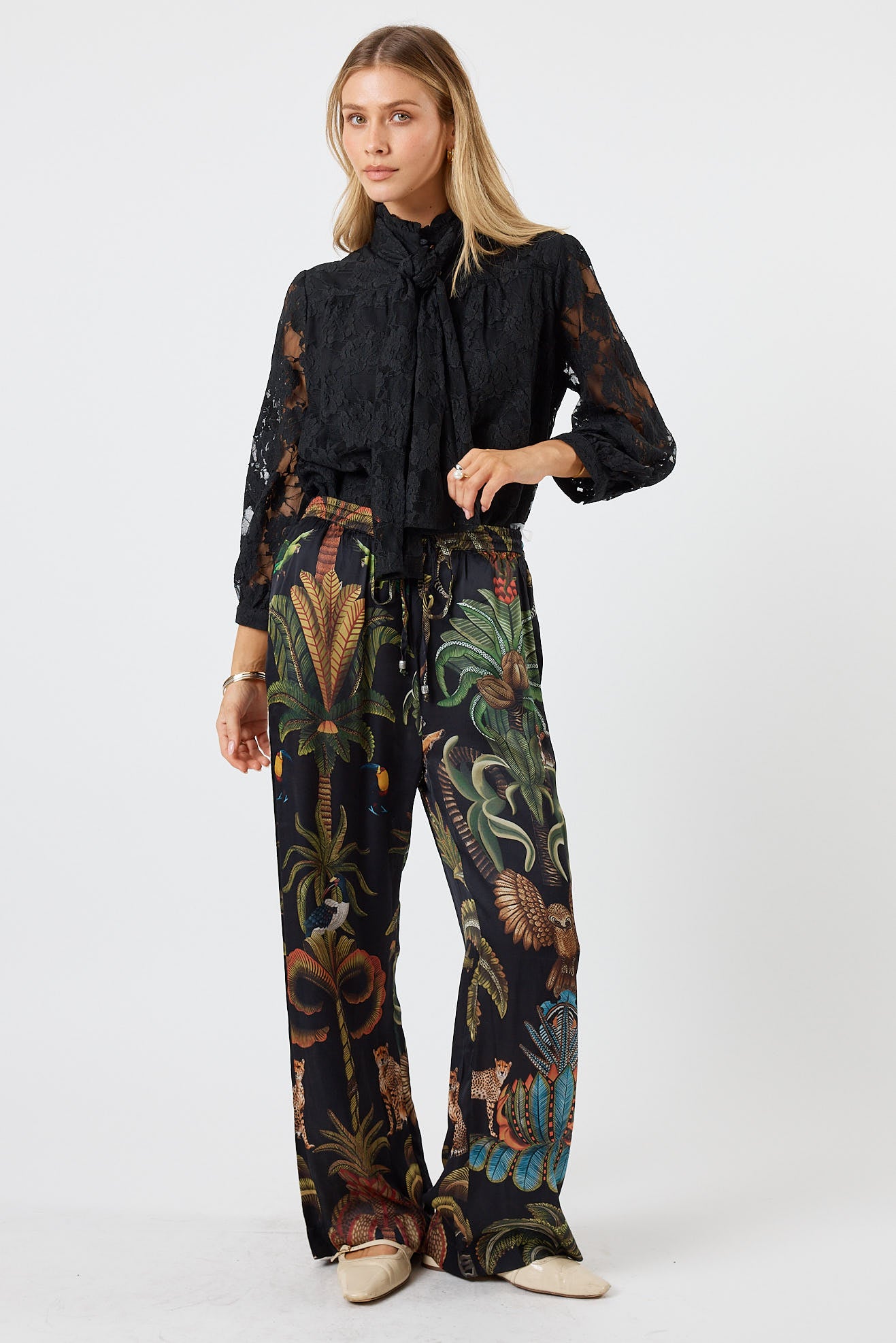 LulaSoul cheetah Vintage & retro all over jungle print statement bold Animal print with palms soft satin straight leg pant  Side stripe  women’s fashion matching set coordinates two piece black