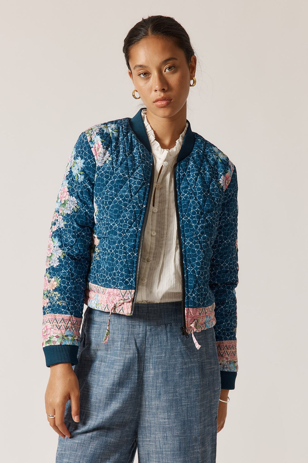 RubyYaya Daisy duke Vintage &amp; retro all over floral print statement  bold print quilted bomber jacket women’s fashion  blush pink and blue 