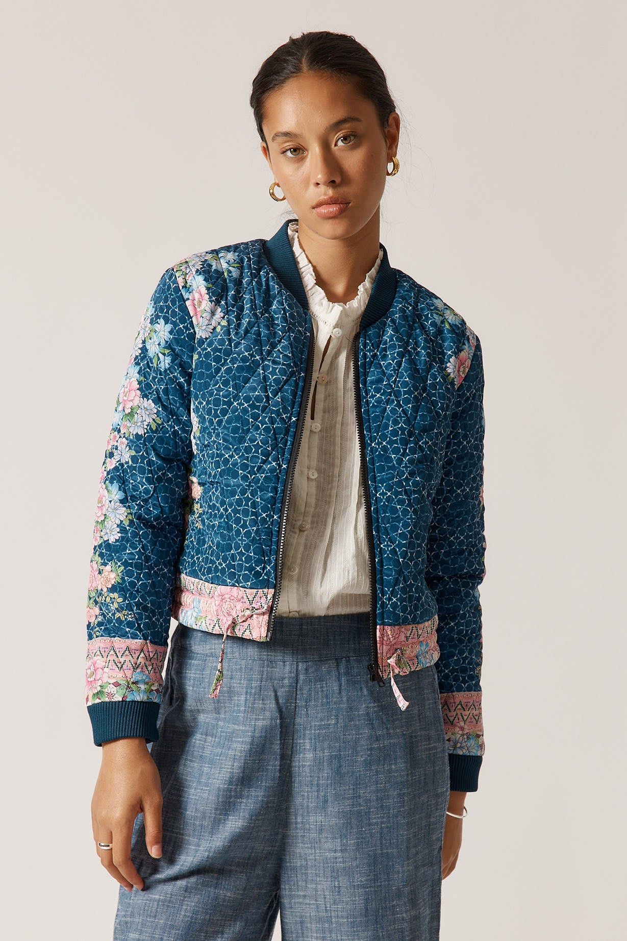RubyYaya Daisy duke Vintage & retro all over floral print statement  bold print quilted bomber jacket women’s fashion  blush pink and blue 