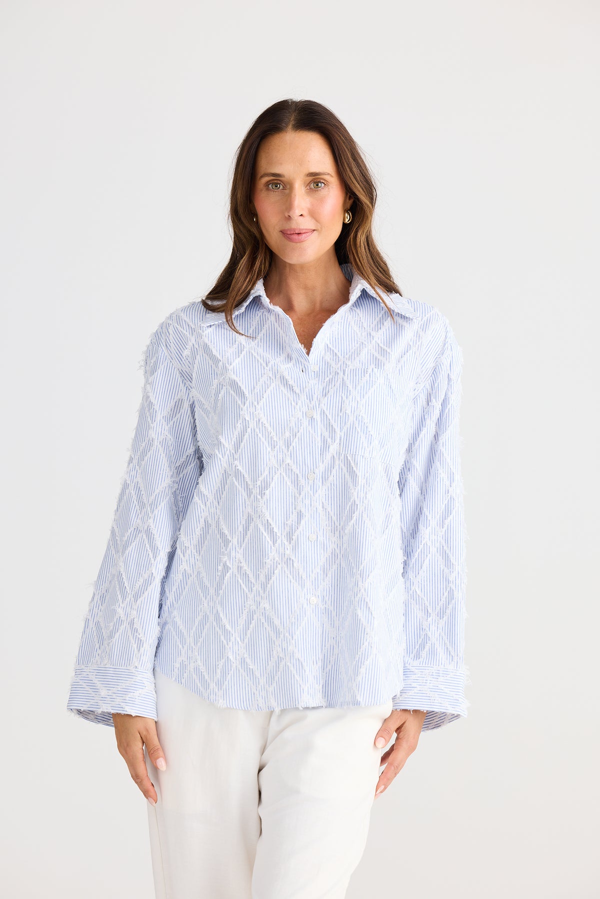 Brave + True Stripe Shirt Button Front Collar Cotton Chevron Light Blue 