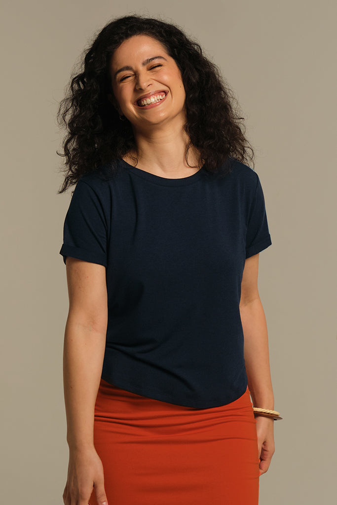 Bamboo Body Shorter Bamboo Cotton Tee  - Dark Navy Blue Classic T-shirt Basic Crew Neck short Sleeve