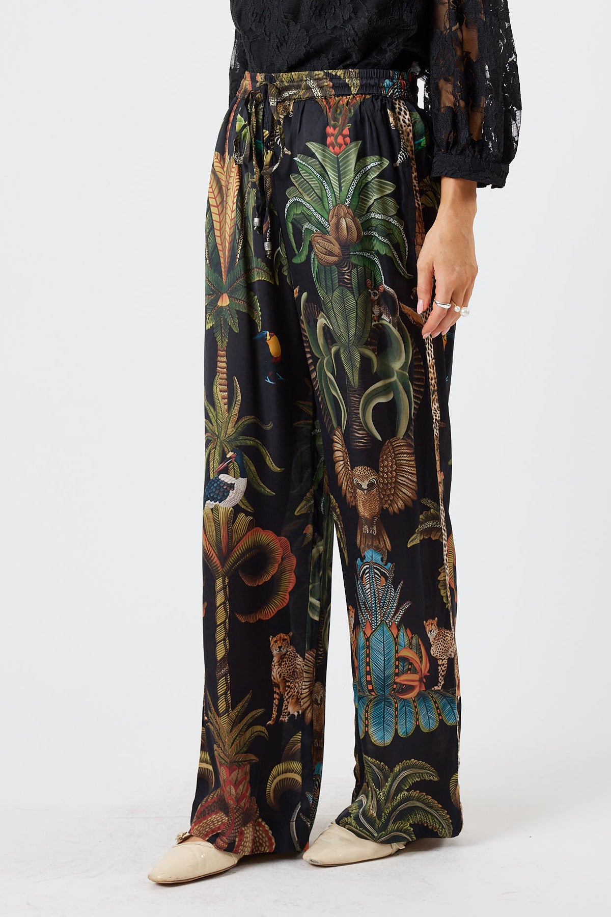 LulaSoul cheetah Vintage &amp; retro all over jungle print statement bold Animal print with palms soft satin straight leg pant  Side stripe  women’s fashion matching set coordinates two piece black