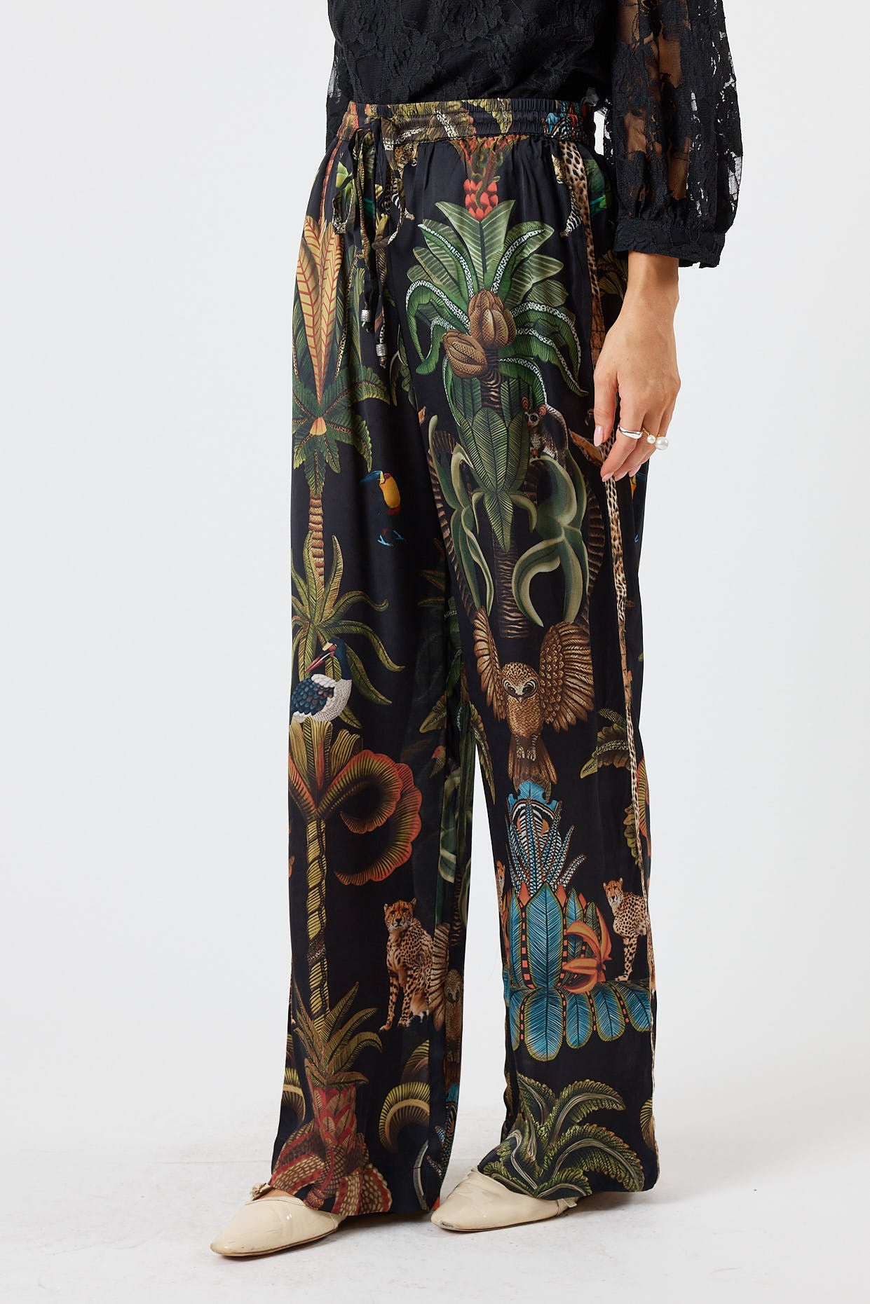 LulaSoul cheetah Vintage & retro all over jungle print statement bold Animal print with palms soft satin straight leg pant  Side stripe  women’s fashion matching set coordinates two piece black