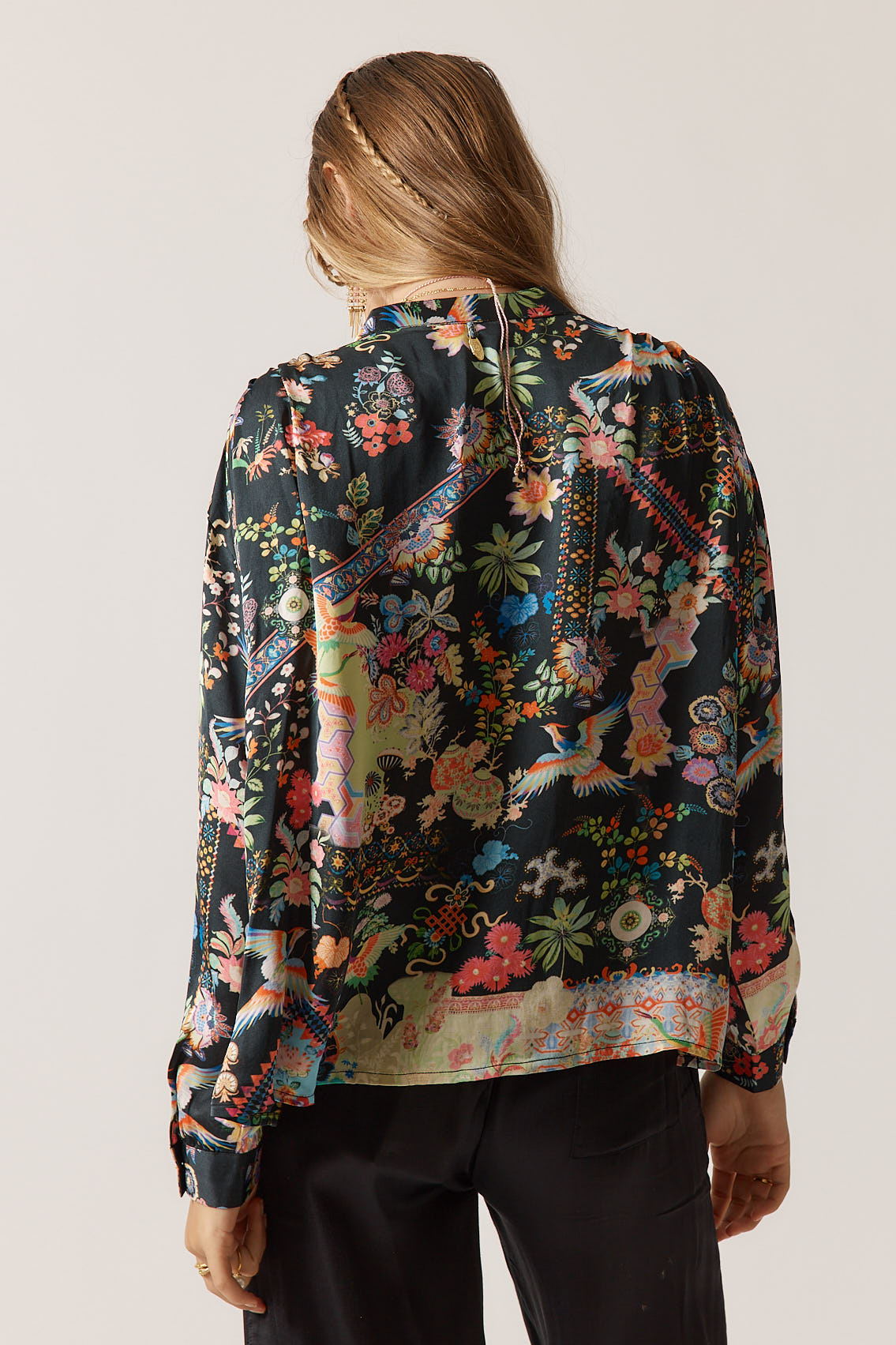 RubyYaya Lala Shirt Vintage & retro all over print statement  bold bird print soft button up Shirt  women’s fashion collared blouses Black with bright colours Long sleeve