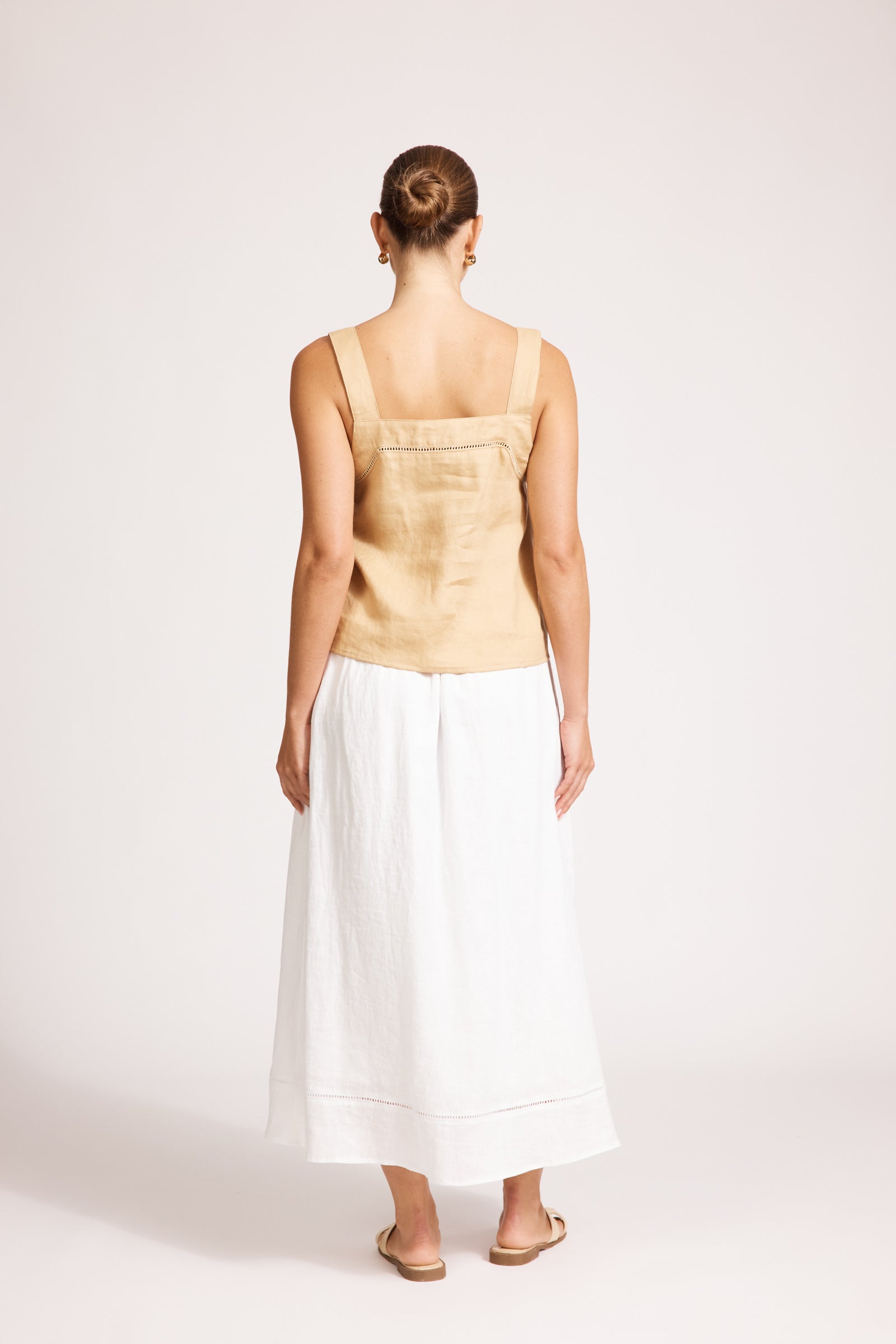 Eb&Ive Miramar linen crop  top sleeveless square neck crop relaxed casual work blouse cotton summer camel beige 