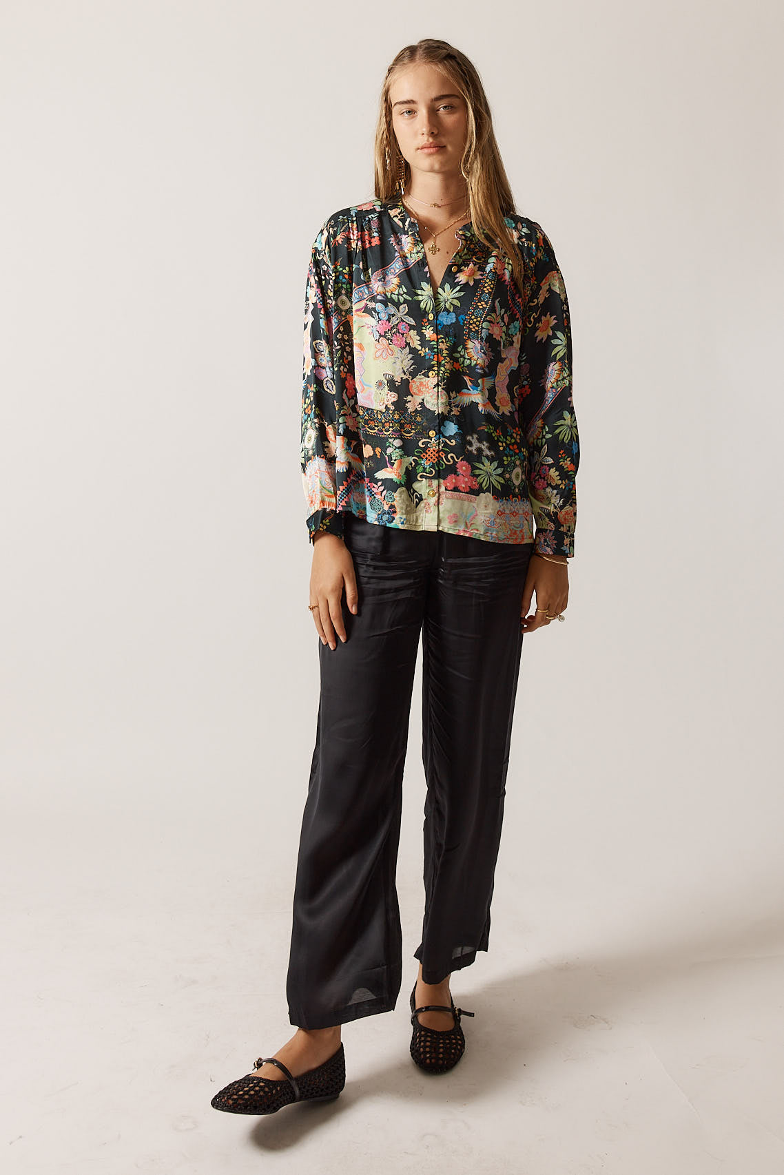 RubyYaya Lala Shirt Vintage & retro all over print statement  bold bird print soft button up Shirt  women’s fashion collared blouses Black with bright colours Long sleeve