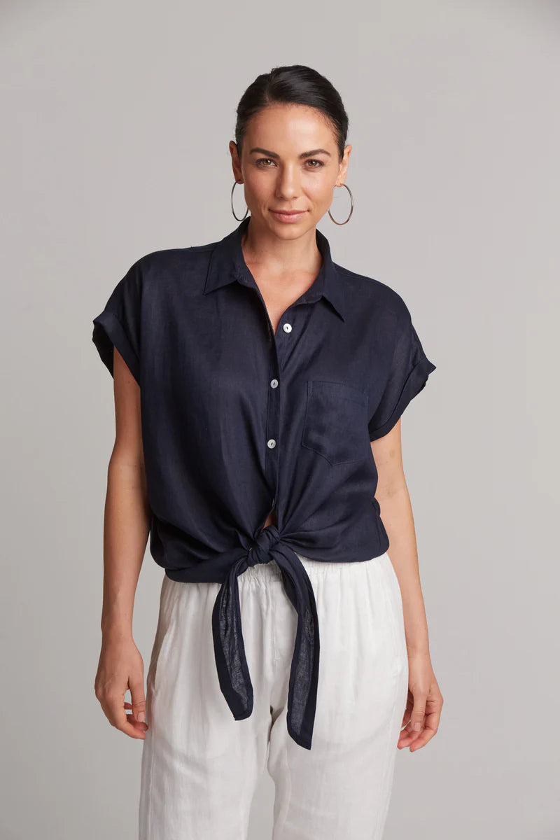 Studio Tie Front Linen Shirt - Navy