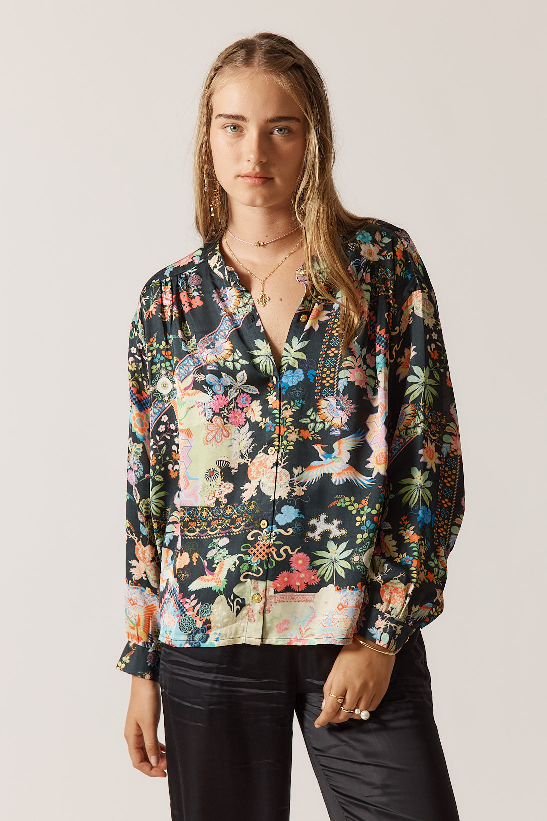 RubyYaya Lala Shirt Vintage & retro all over print statement  bold bird print soft button up Shirt  women’s fashion collared blouses Black with bright colours Long sleeve