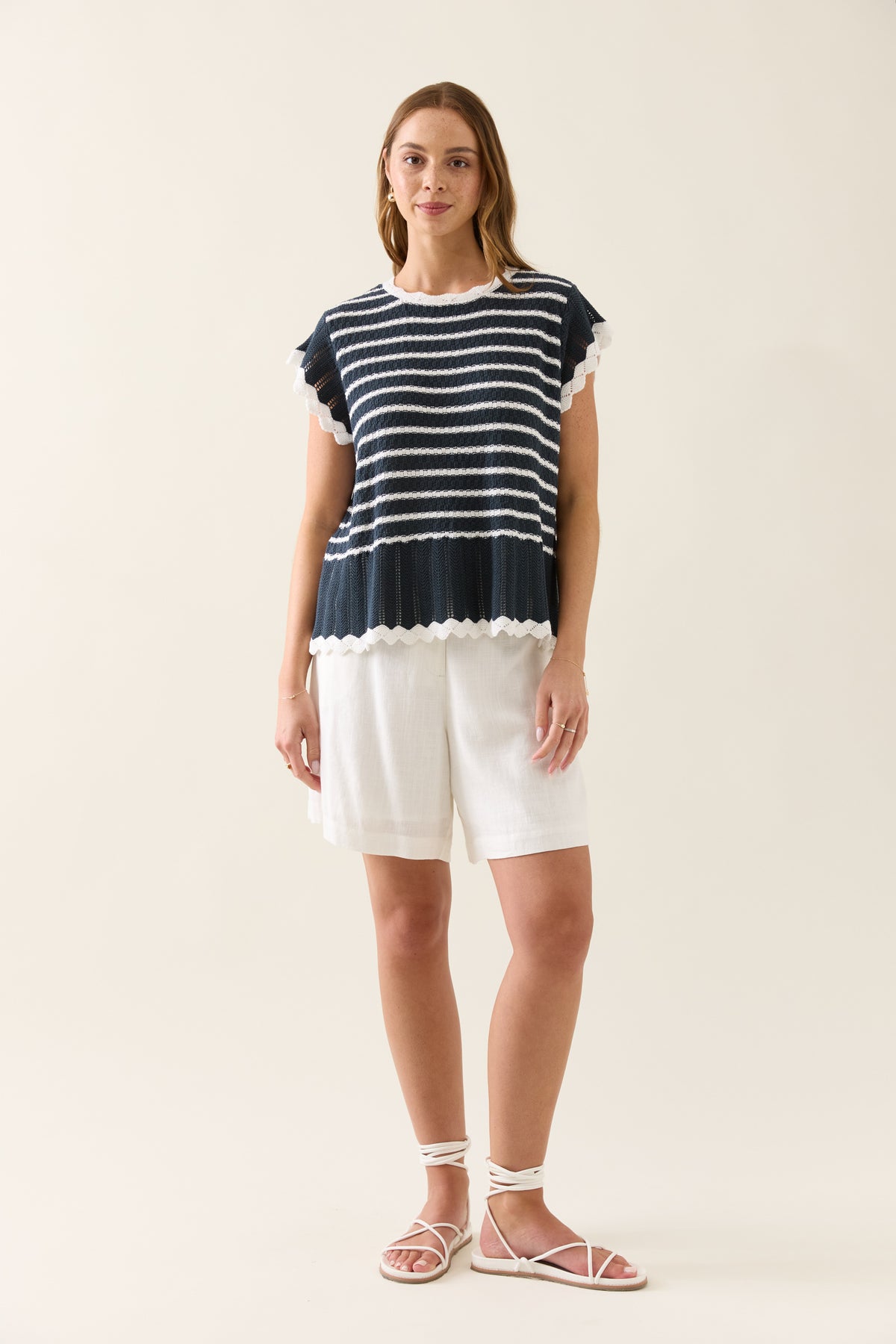 Isle Of Mine Ida Knit Navy White Top stripe T-shirt  crochet Summer 