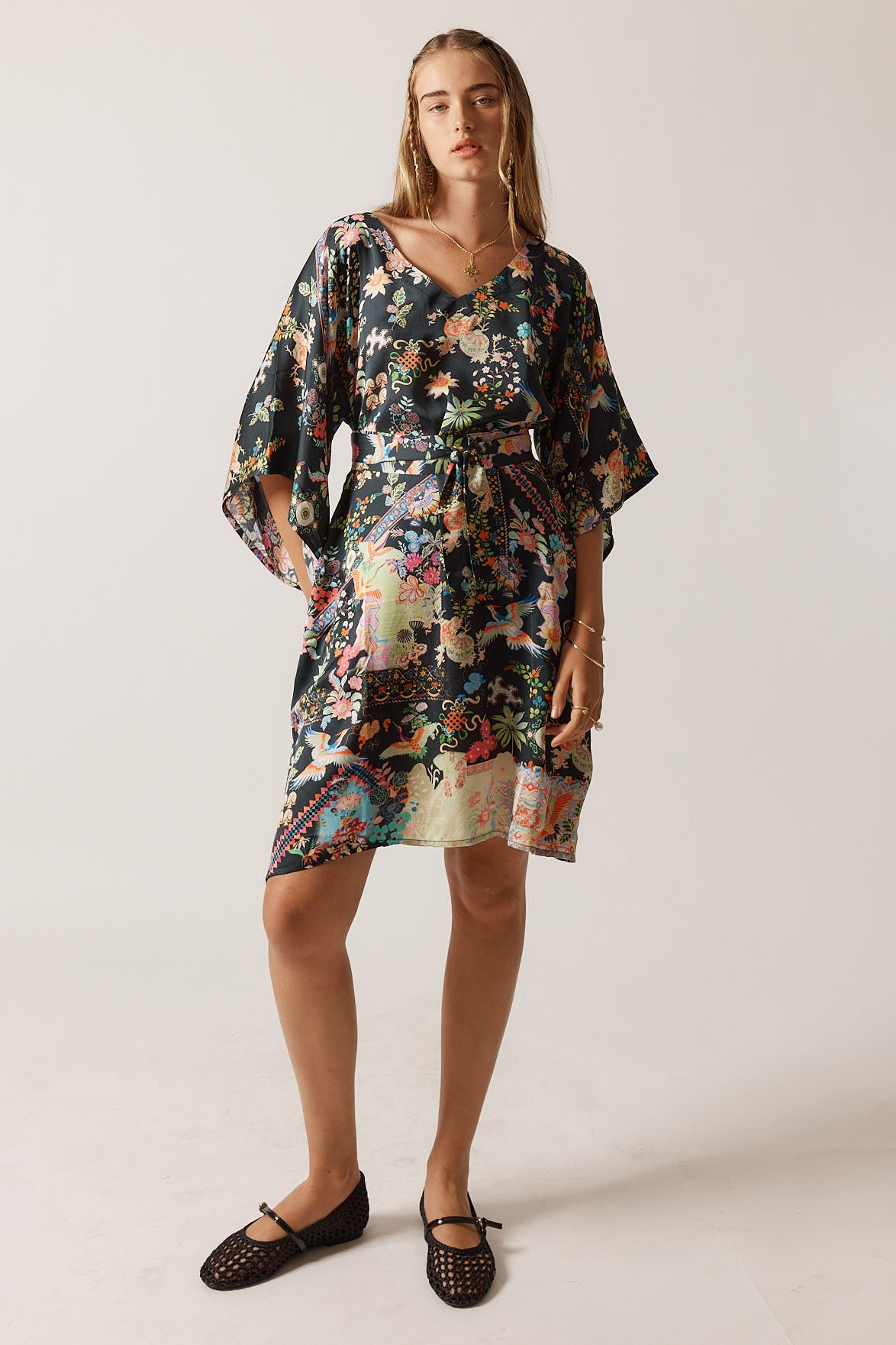RubyYaya Lala kaftan Vintage & retro all over bird print statement bold Animal print with exclusive soft satin mini dress fashion kimono sleeve evening event dress 