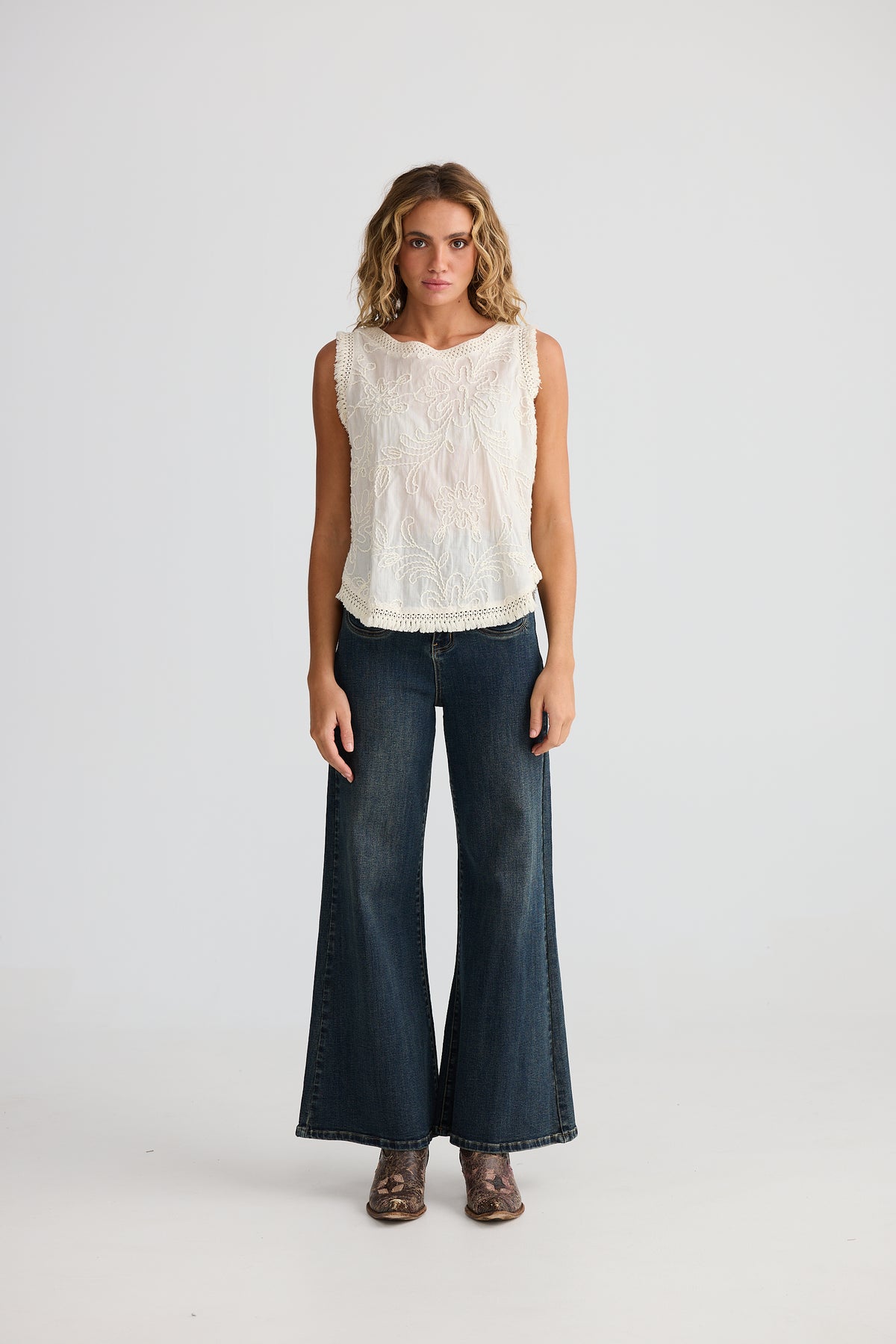 Talisman Chantilly lace top cotton with embroidery and fringe edges. Summer bohemian top 