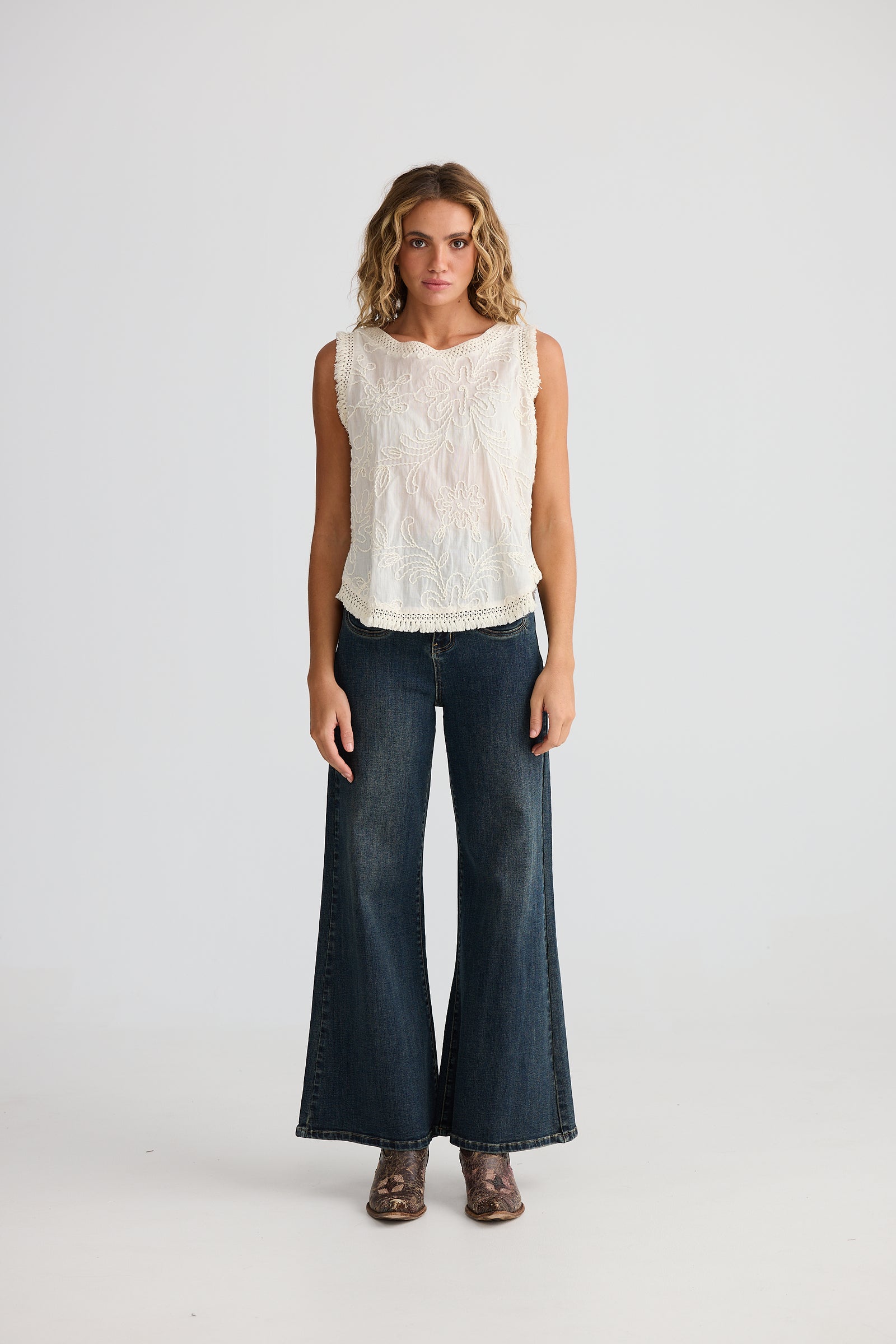 Talisman Chantilly lace top cotton with embroidery and fringe edges. Summer bohemian top 