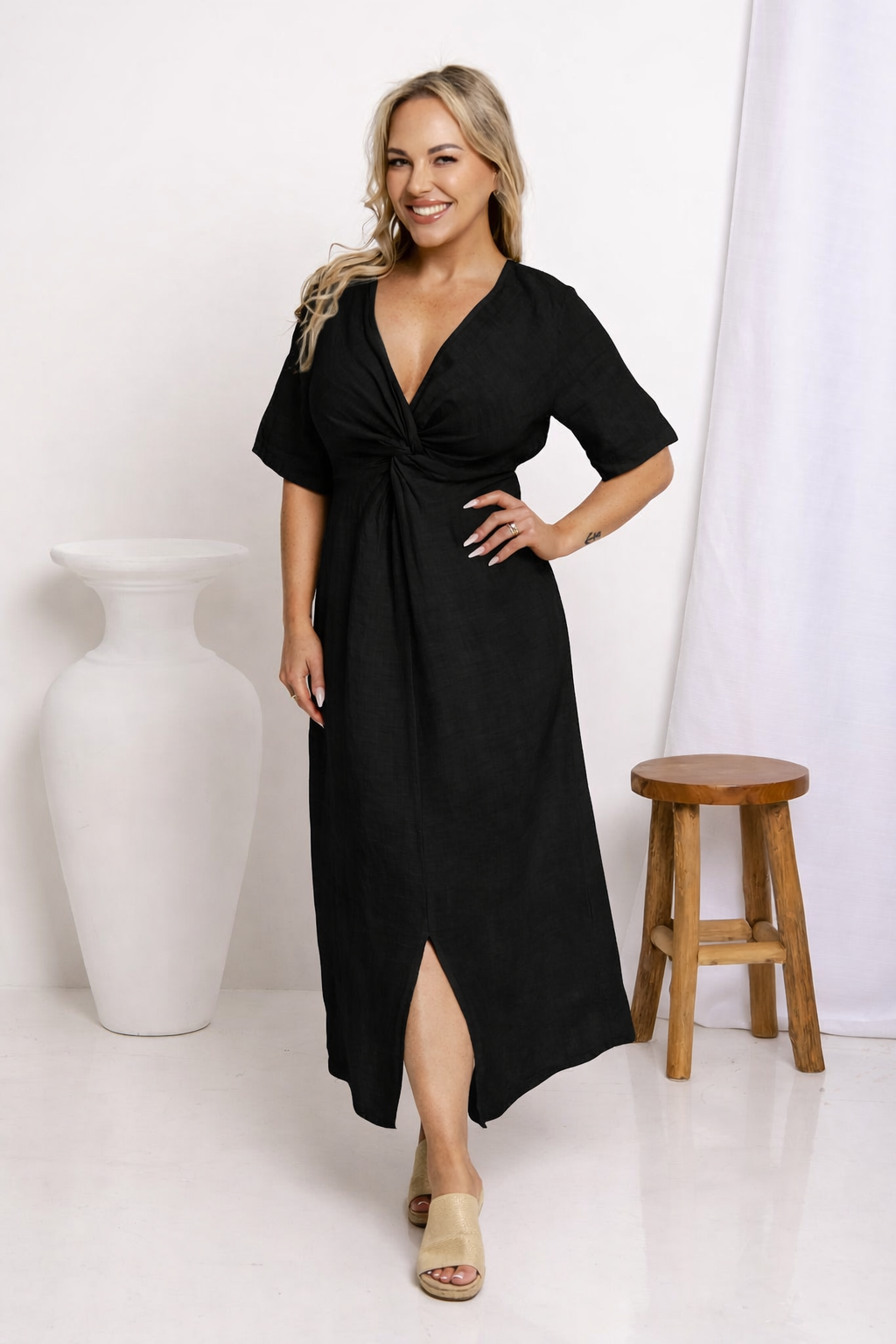 Linen Twist Dress - Black