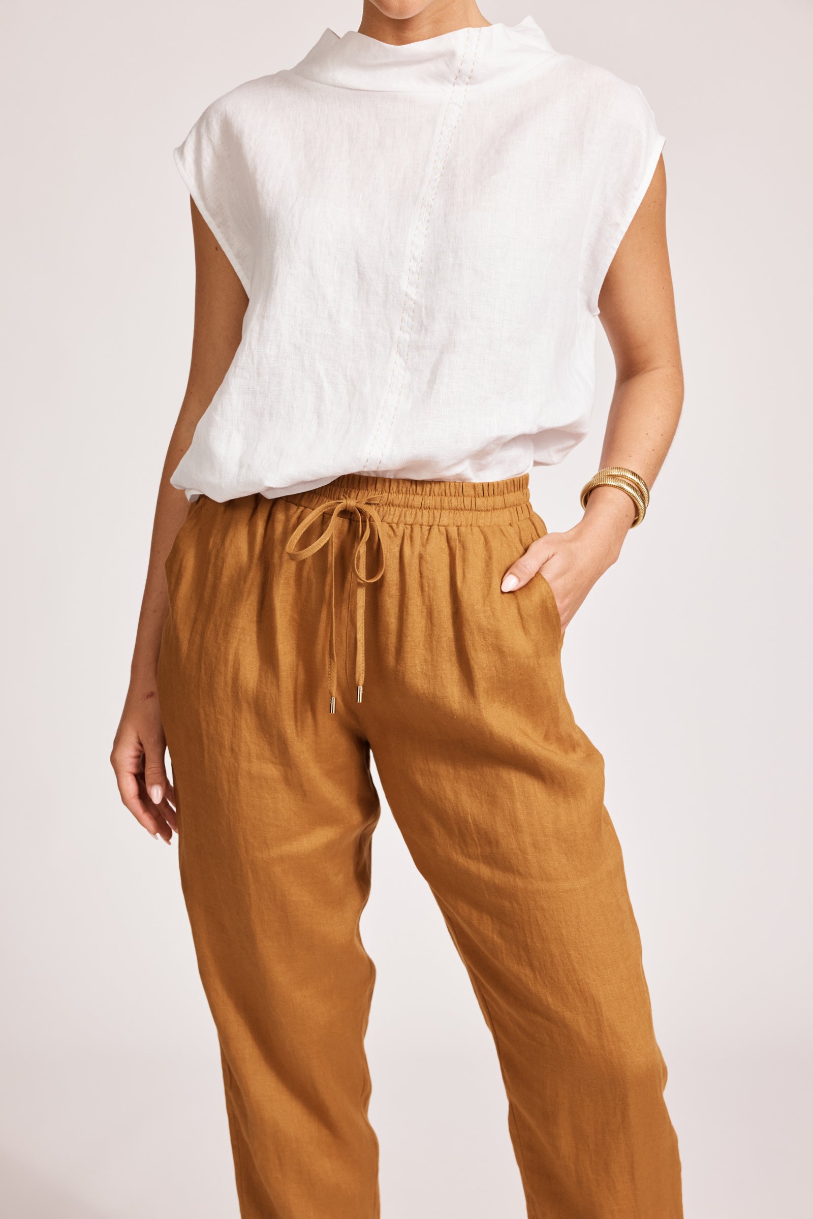 Eb&Ive Miramar Linen pant Relaxed linen jogger summer drawstring waist slim tapered leg caramel
