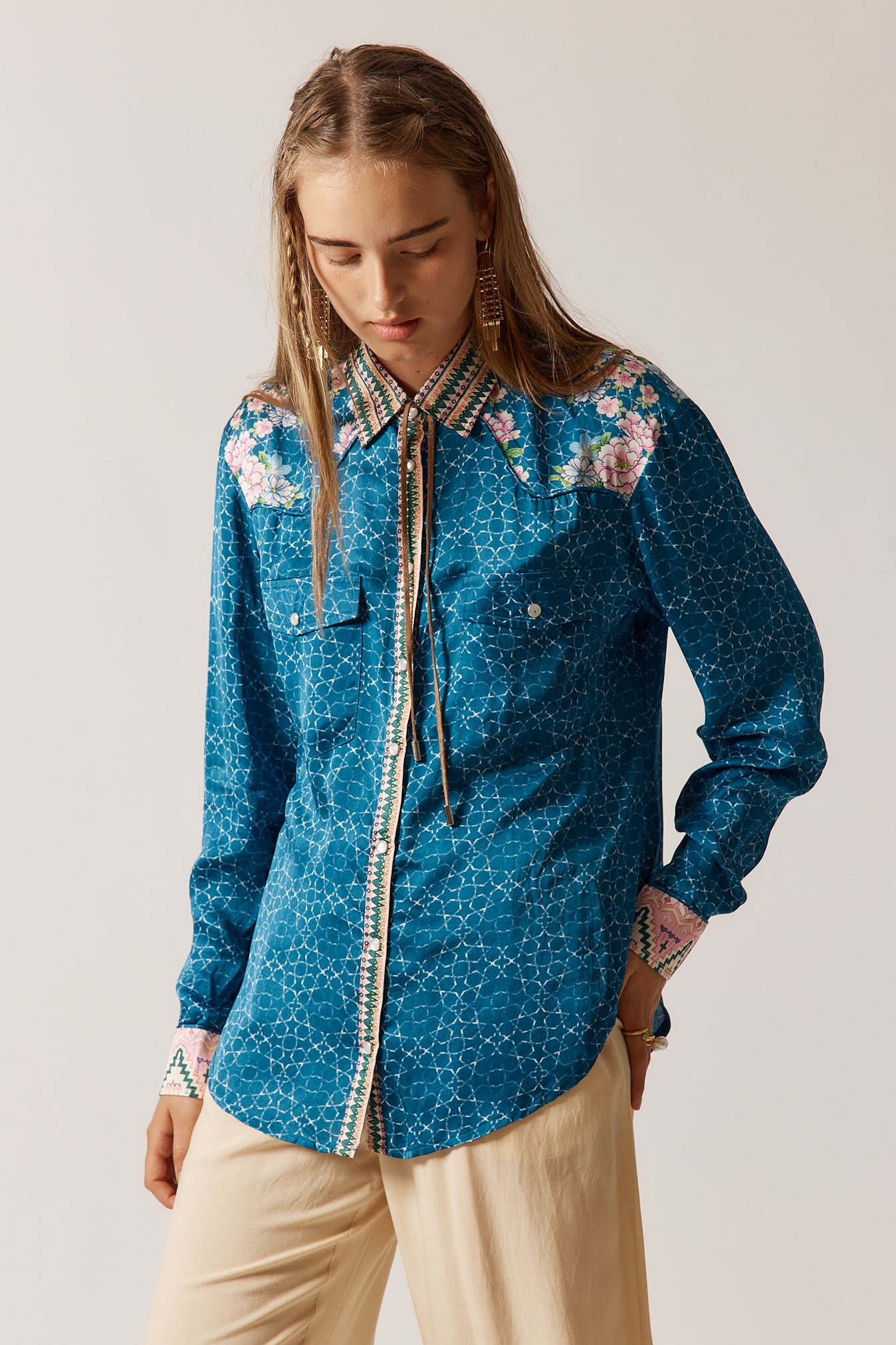 RubyYaya Daisy Vintage & retro all over print statement  bold cowgirl print soft button up Shirt  women’s fashion collared country blouse blue with bright colour florals