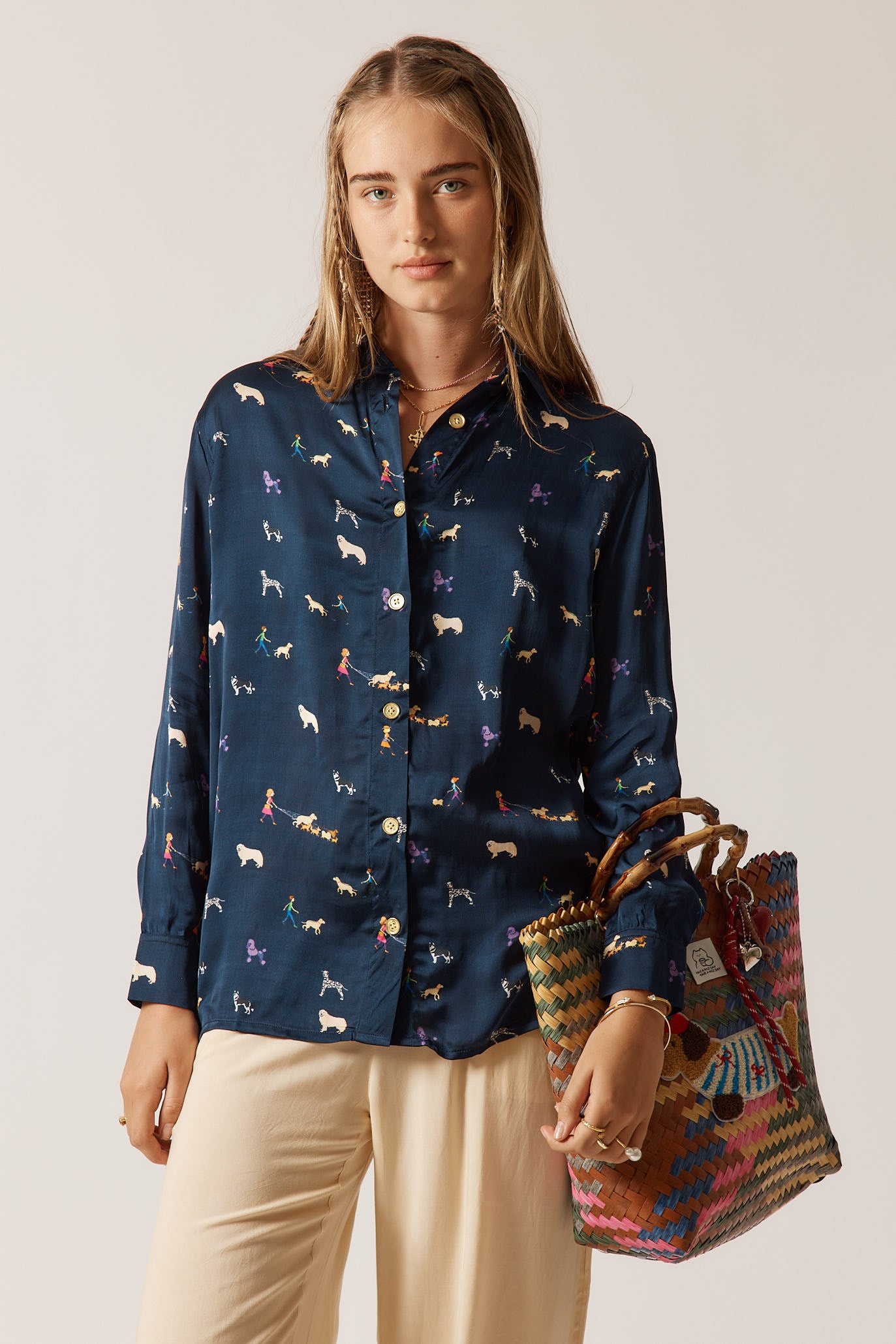 RubyYaya puppy love  Vintage & retro all over exclusive print statement  bold Animal print with dogs soft button up Shirt  women’s fashion collared blouse Navy work wear