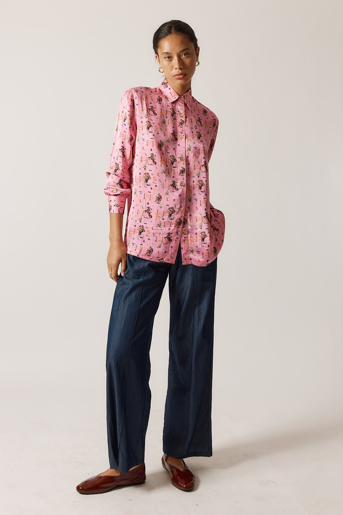 RubyYaya Cowgirl Vintage & retro all over cowboy print statement  bold Animal print with horses soft button up Shirt  women’s fashion collared blouse pink