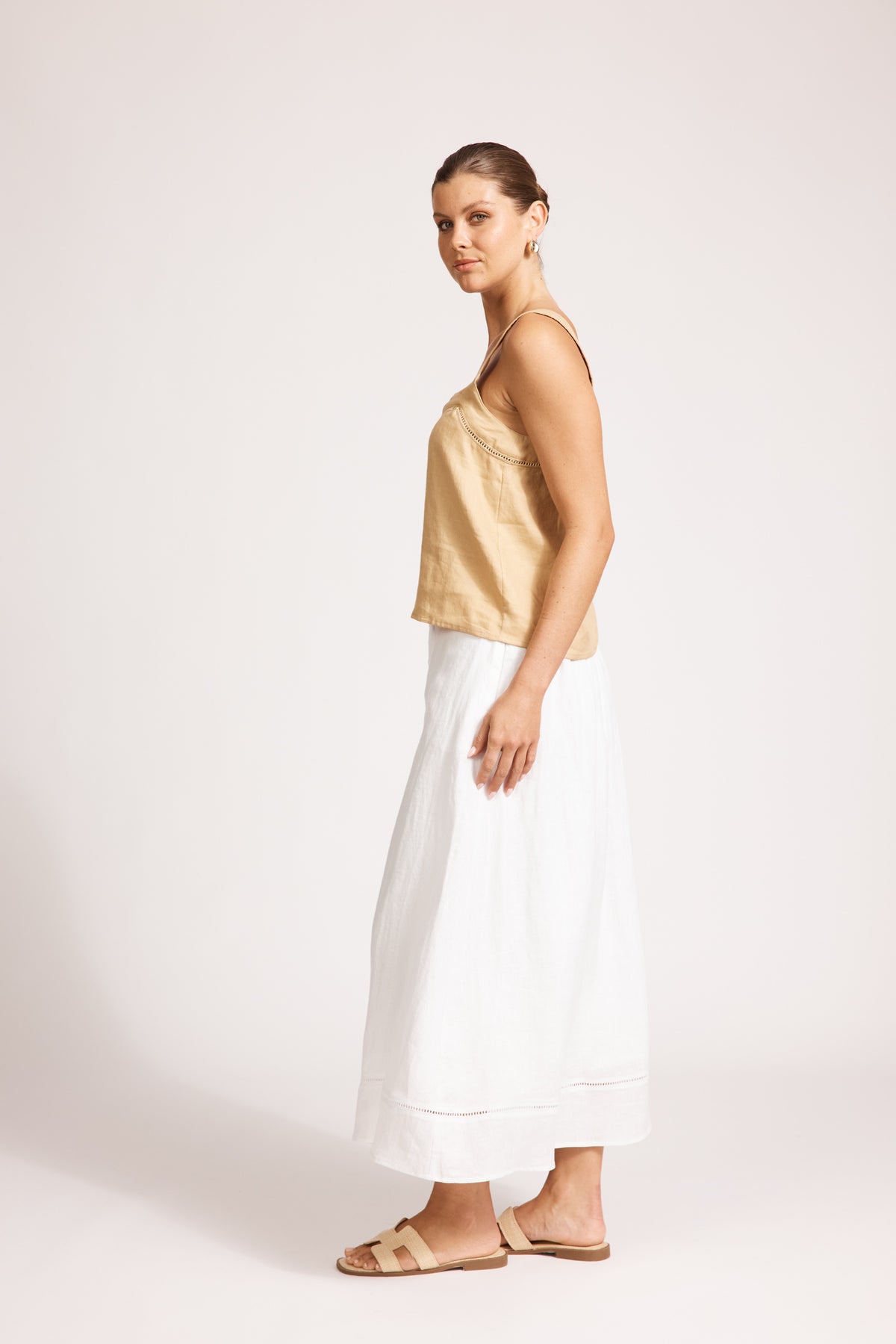 Eb&amp;Ive Miramar linen crop  top sleeveless square neck crop relaxed casual work blouse cotton summer camel beige 