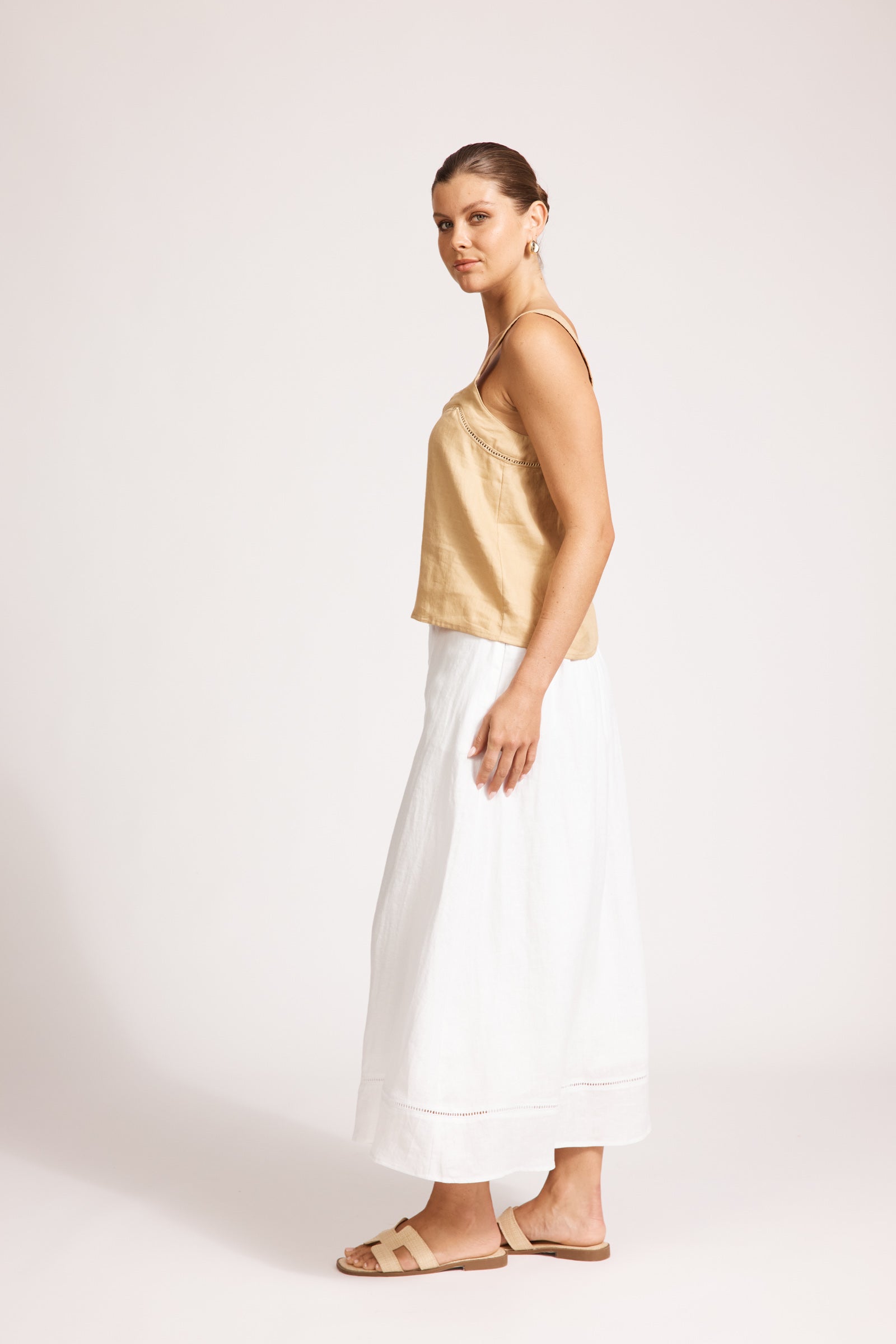 Eb&Ive Miramar linen crop  top sleeveless square neck crop relaxed casual work blouse cotton summer camel beige 