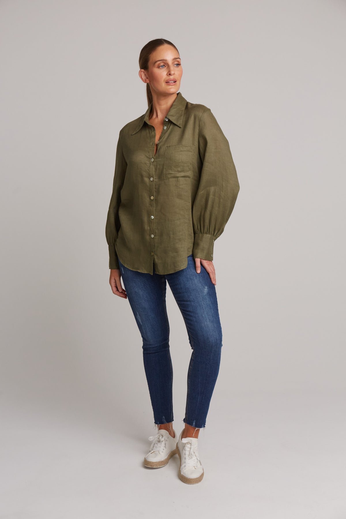 Eb&amp;Ive Studio Linen Button Front Shirt  Top Collar Work Shirt Long Sleeve Khaki