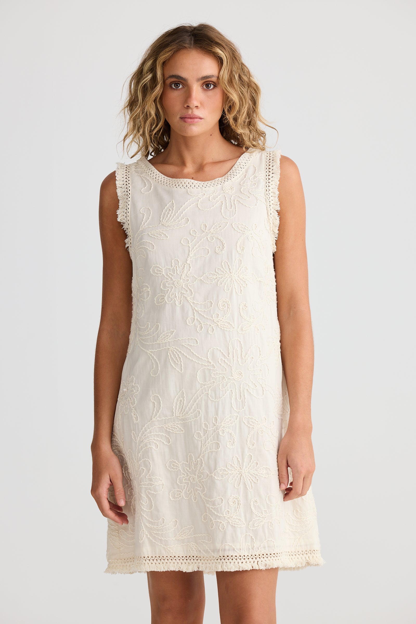 Talisman Chantilly lace Dress cotton with embroidery and fringe edges. Summer bohemian Shift dress  