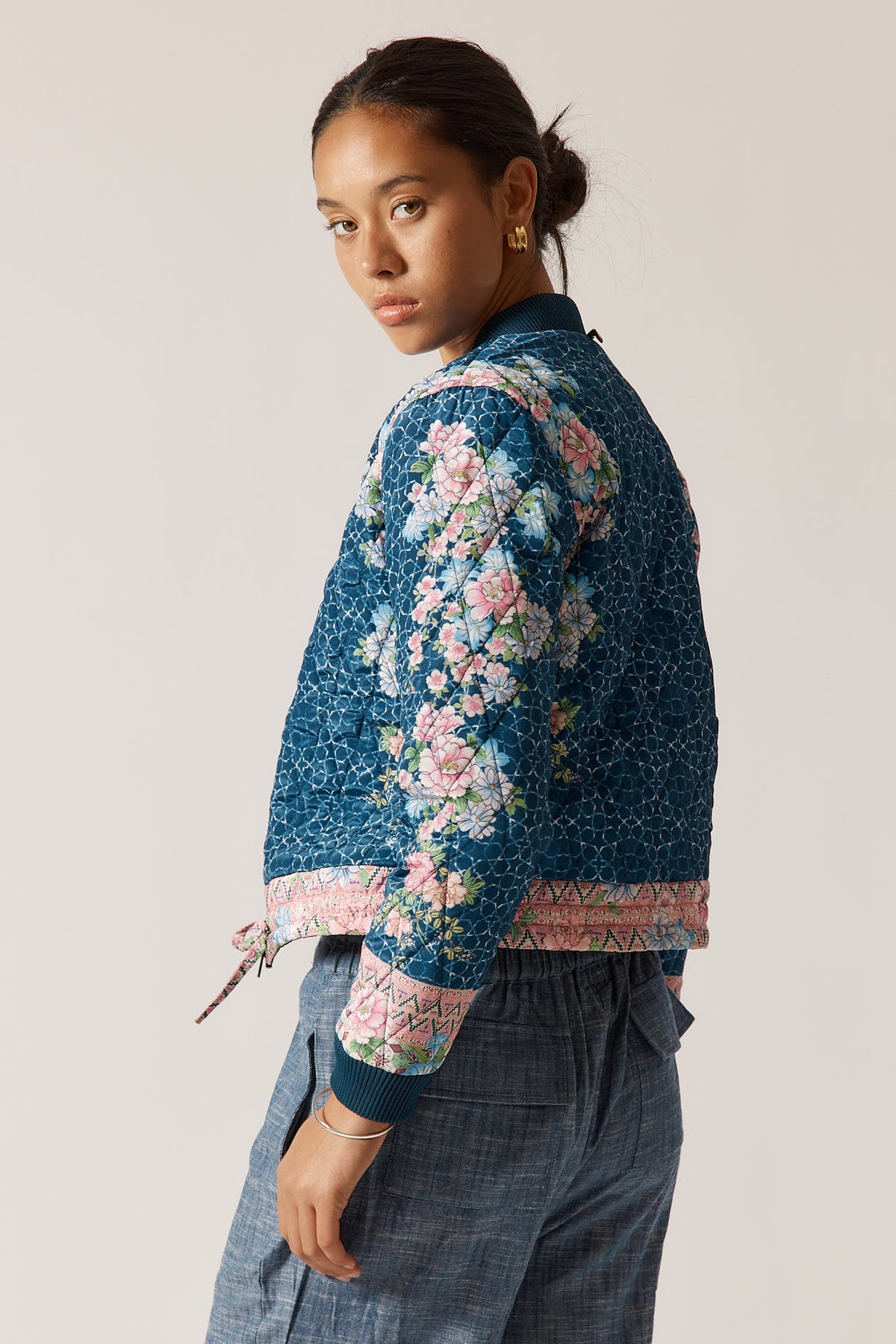 RubyYaya Daisy duke Vintage & retro all over floral print statement  bold print quilted bomber jacket women’s fashion  blush pink and blue 