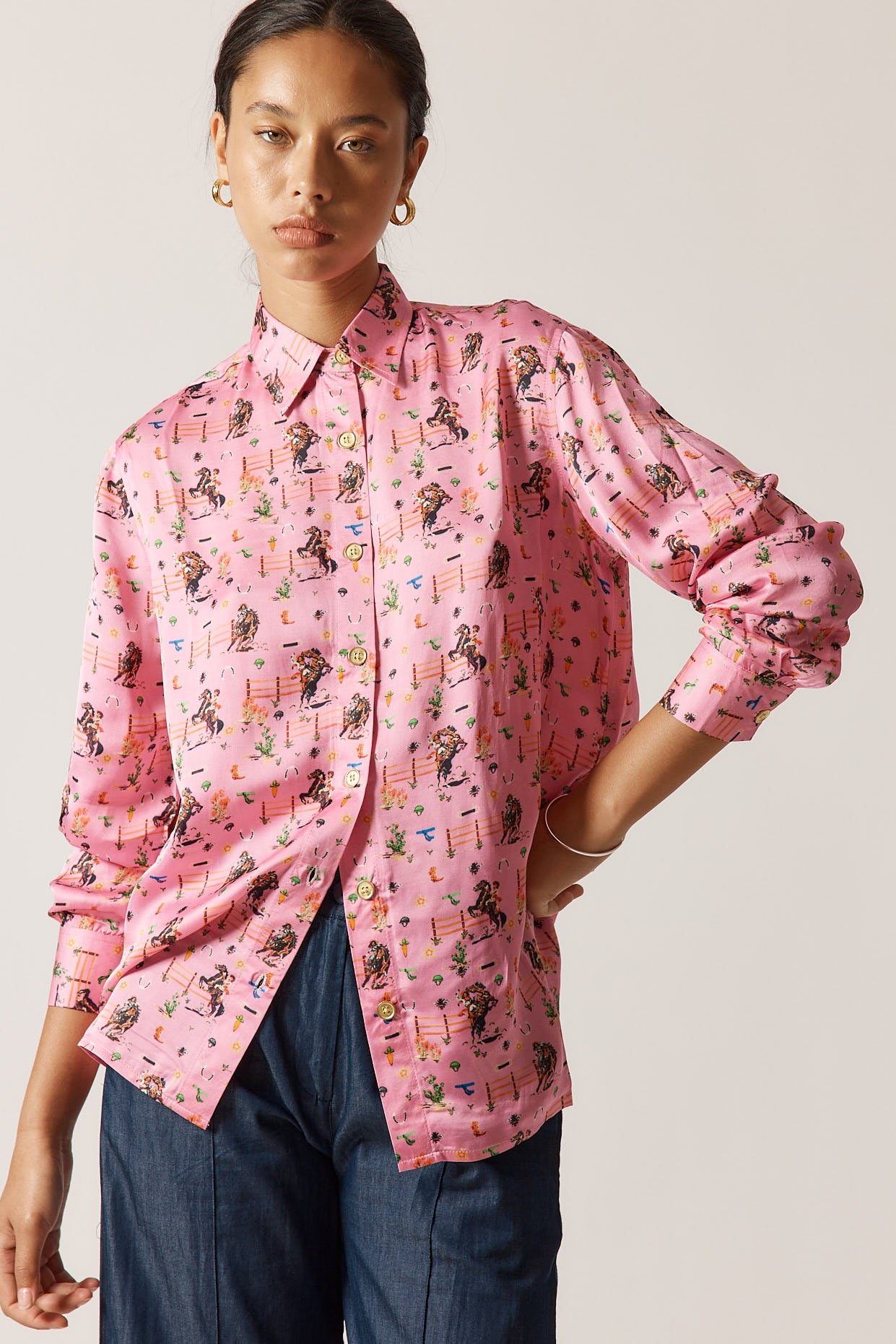 RubyYaya Cowgirl Vintage & retro all over cowboy print statement  bold Animal print with horses soft button up Shirt  women’s fashion collared blouse pink 