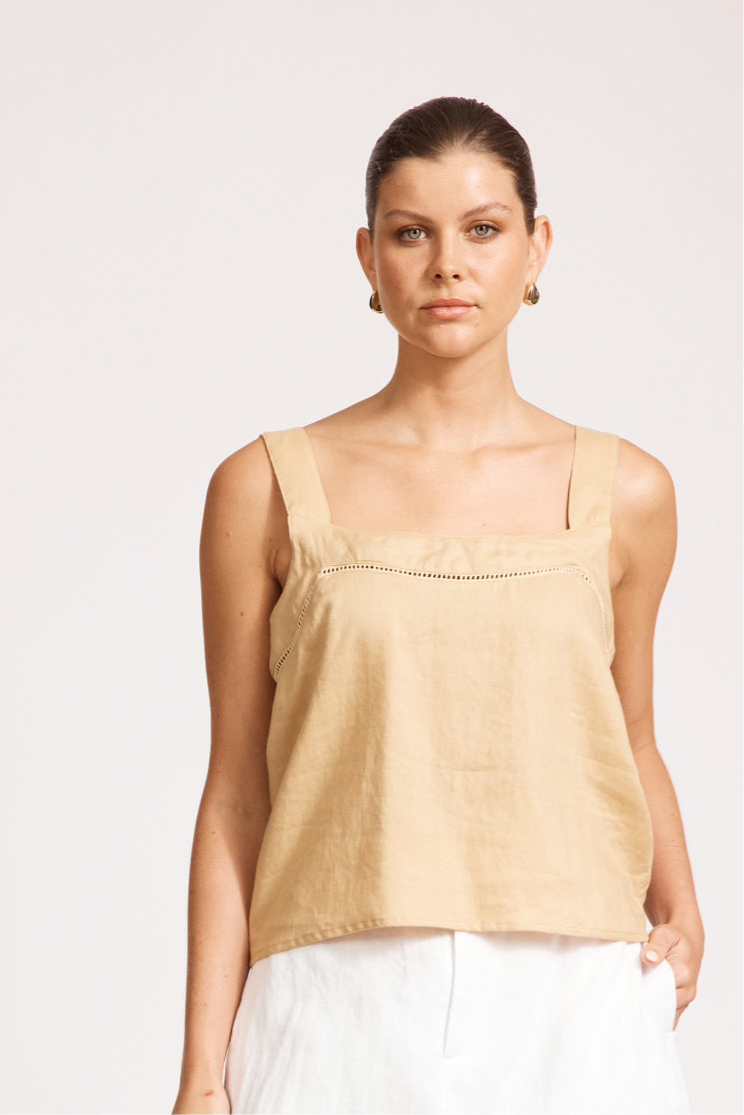 Eb&Ive Miramar linen crop  top sleeveless square neck crop relaxed casual work blouse cotton summer camel beige 