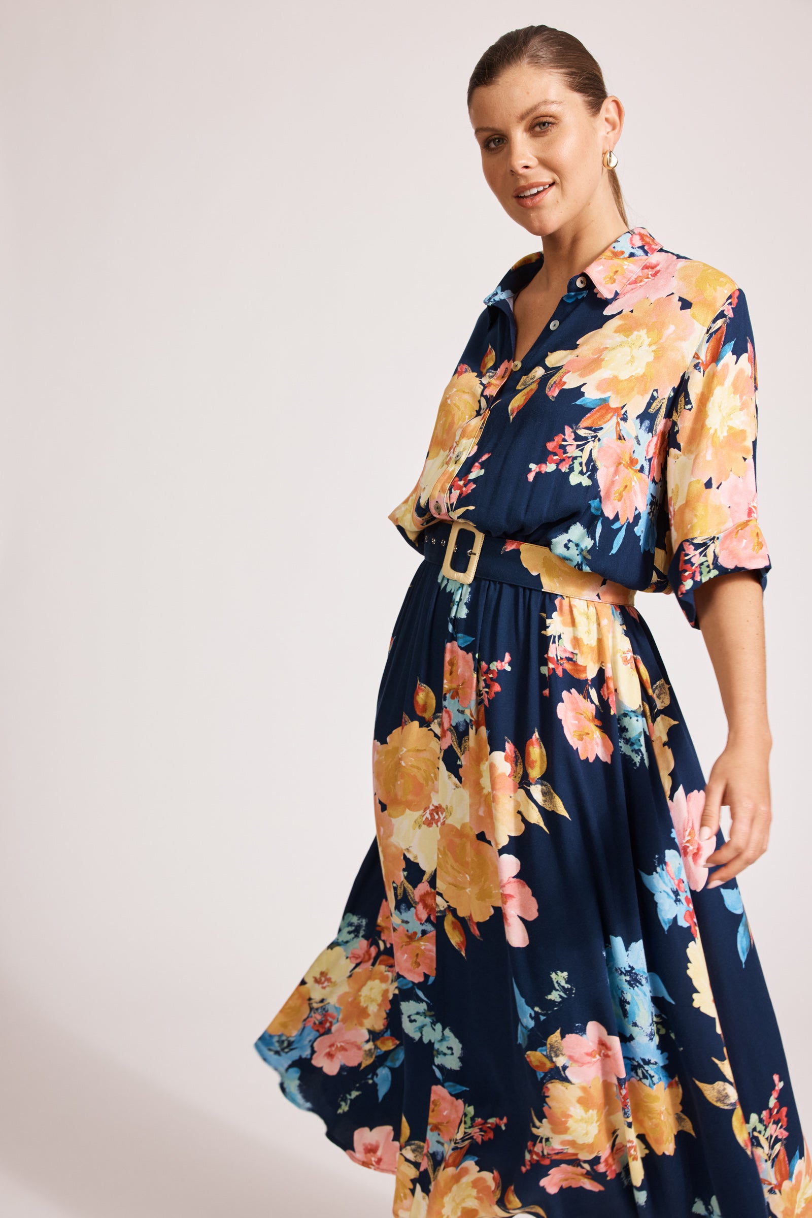 Eb&Ive Parisio Belt Shirt Dress  Short 3/4 sleeve maxi with collar and button front elastic and Belt waist summer work dress swim cover navy spring floral print 