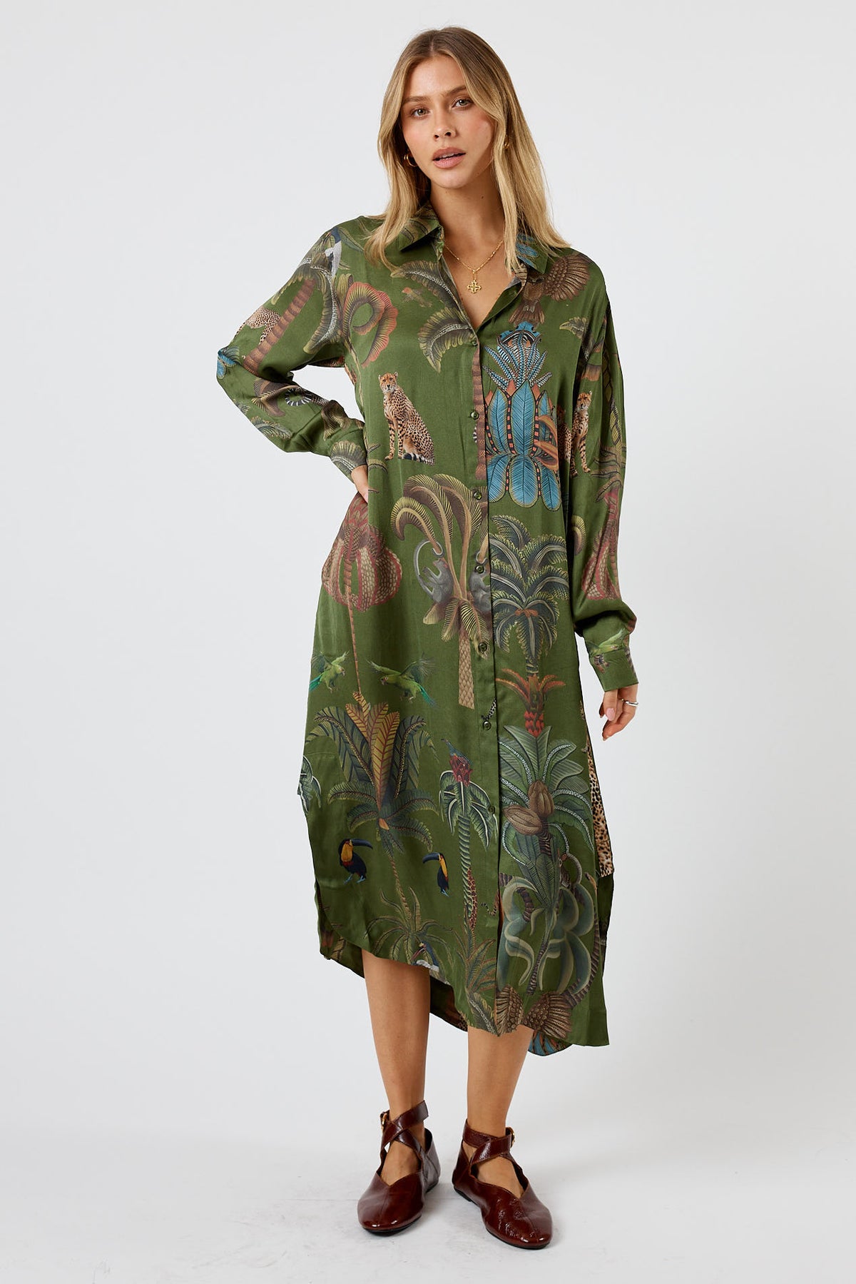 LulaSoul Cheetah Vintage & retro all over jungle print statement bold animal print  soft satin button up Shirt dress women’s fashion evening event dress olive green 