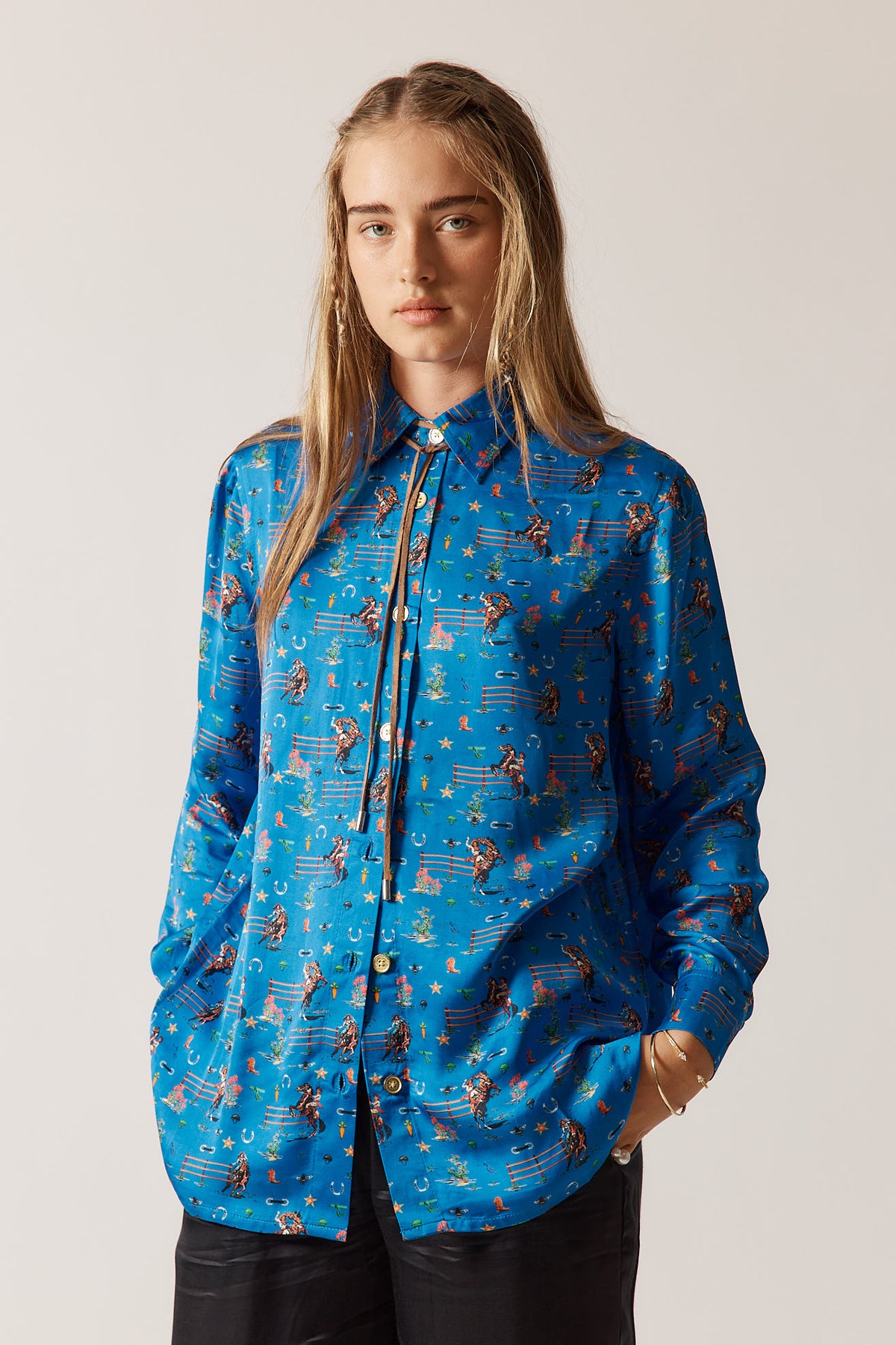 RubyYaya Cowgirl Vintage & retro all over cowboy print statement  bold Animal print with horses soft button up Shirt  women’s fashion collared blouse cobalt blue 