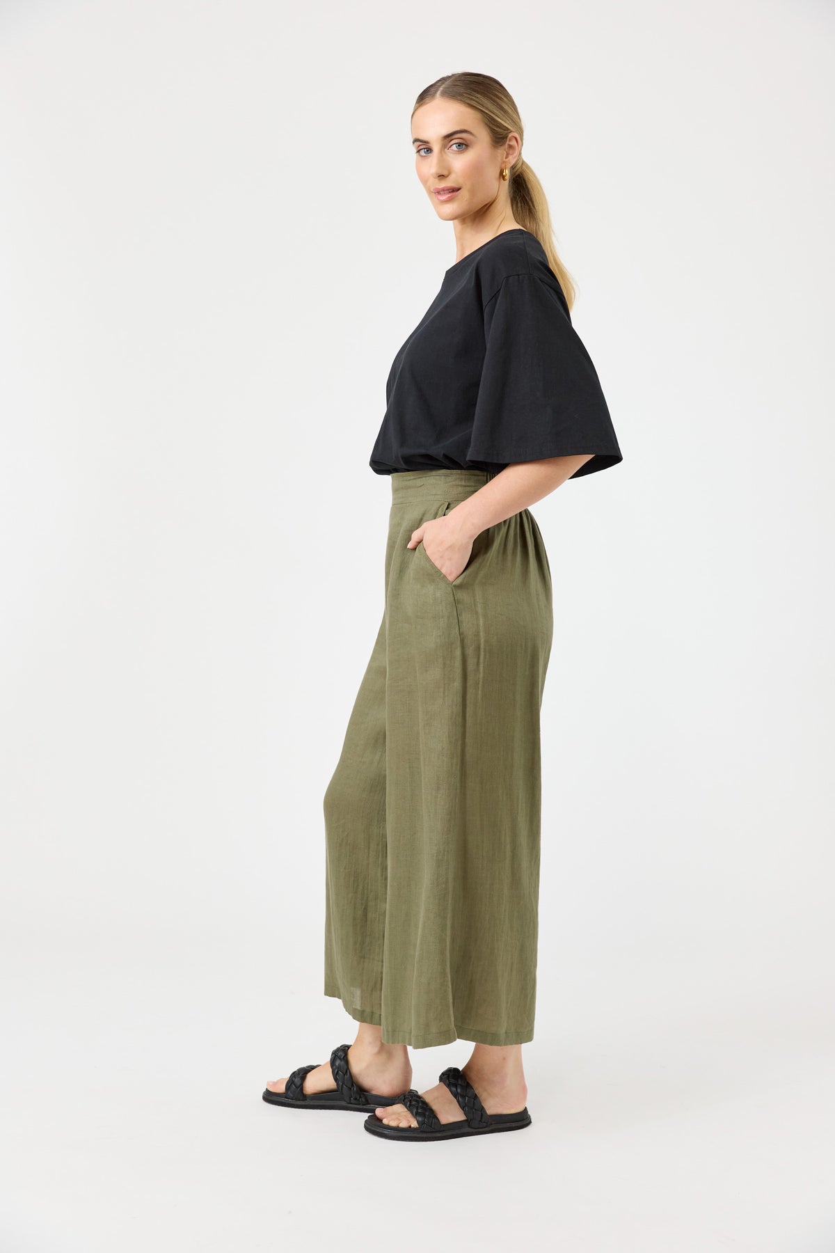 Studio Linen Crop Pant - Khaki