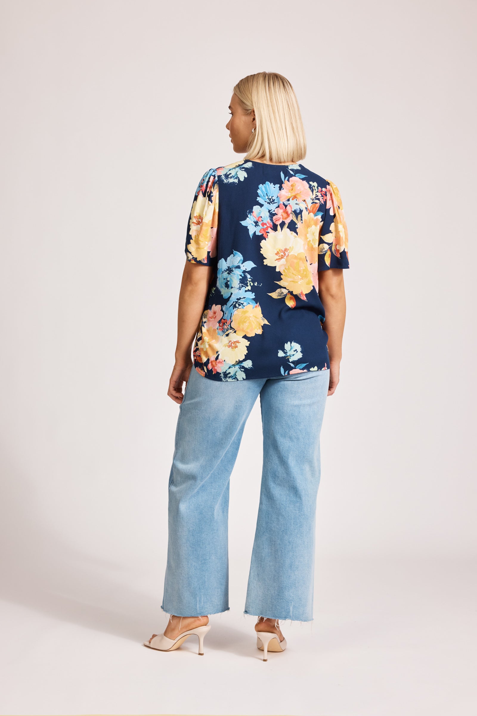 Eb&Ive Parisio tie top Short 3/4 sleeve with V neck and tie front  summer work blouse navy floral jacquard spring floral 