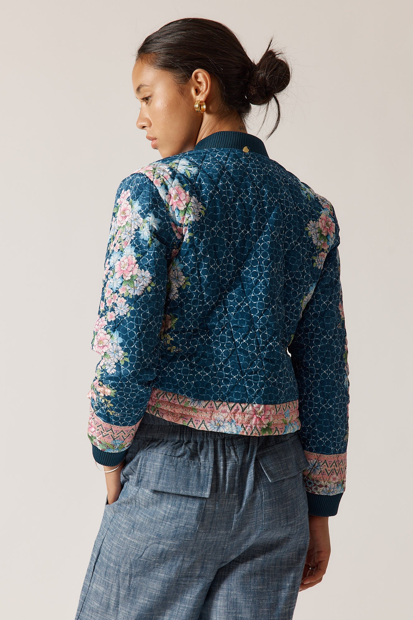 RubyYaya Daisy duke Vintage & retro all over floral print statement  bold print quilted bomber jacket women’s fashion  blush pink and blue 