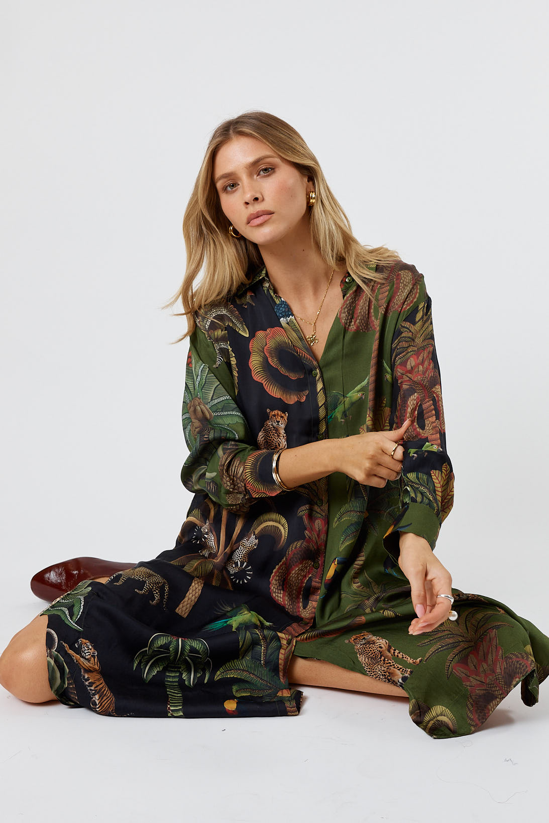 LulaSoul cheetah Vintage & retro all over jungle print statement bold Animal print with palms soft satin button up Shirt  women’s fashion collared matching set coordinates two piece