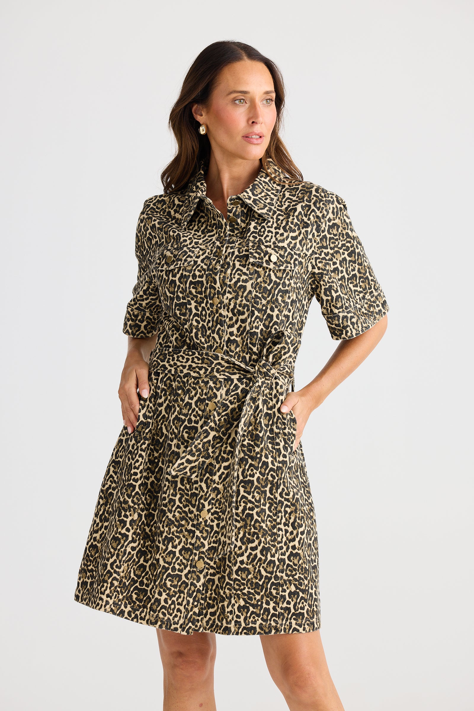 Brave + True Leroy Dress  Beige Leopard Denim Short Shirt Dress