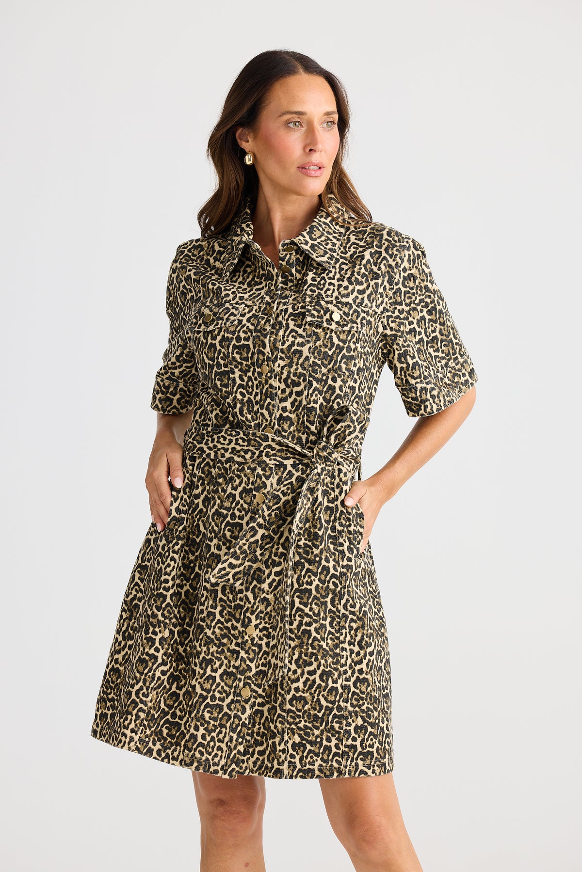Brave + True Leroy Dress  Beige Leopard Denim Short Shirt Dress