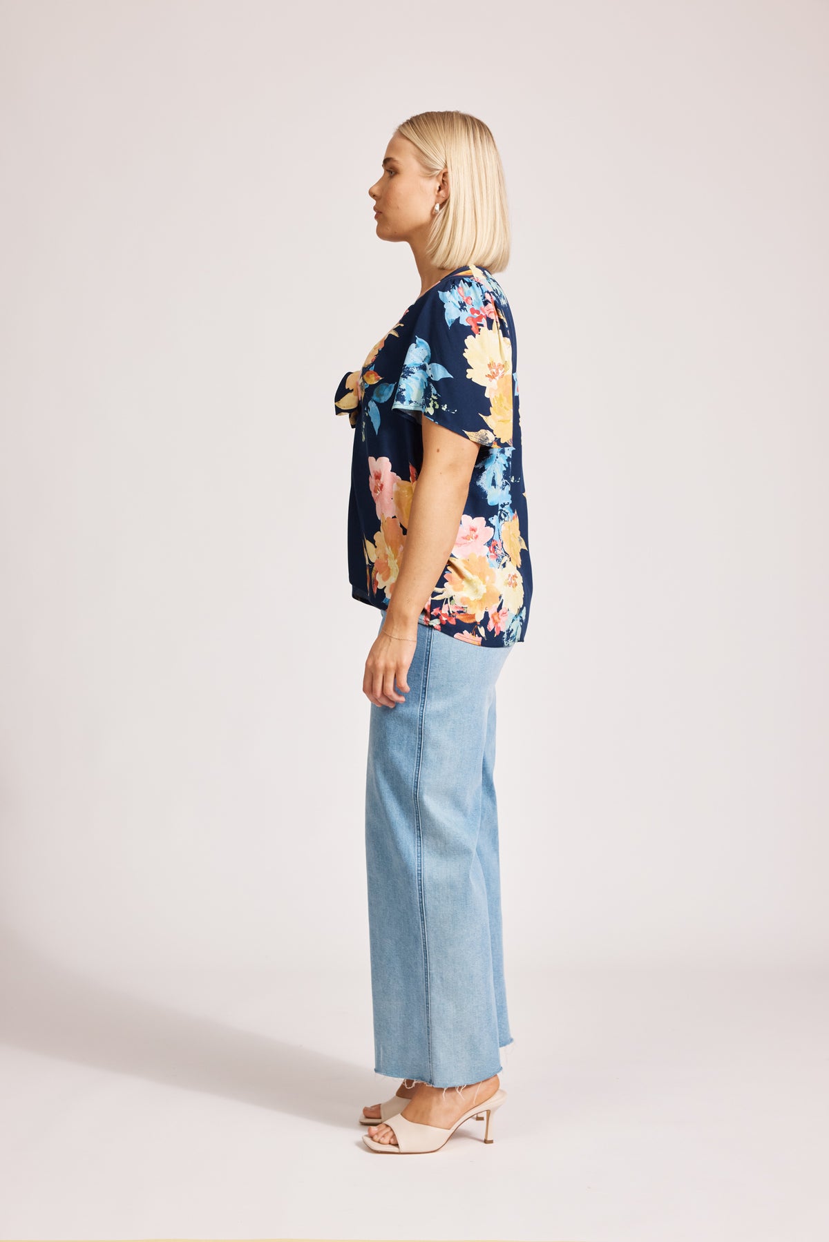 Eb&amp;Ive Parisio tie top Short 3/4 sleeve with V neck and tie front  summer work blouse navy floral jacquard spring floral 