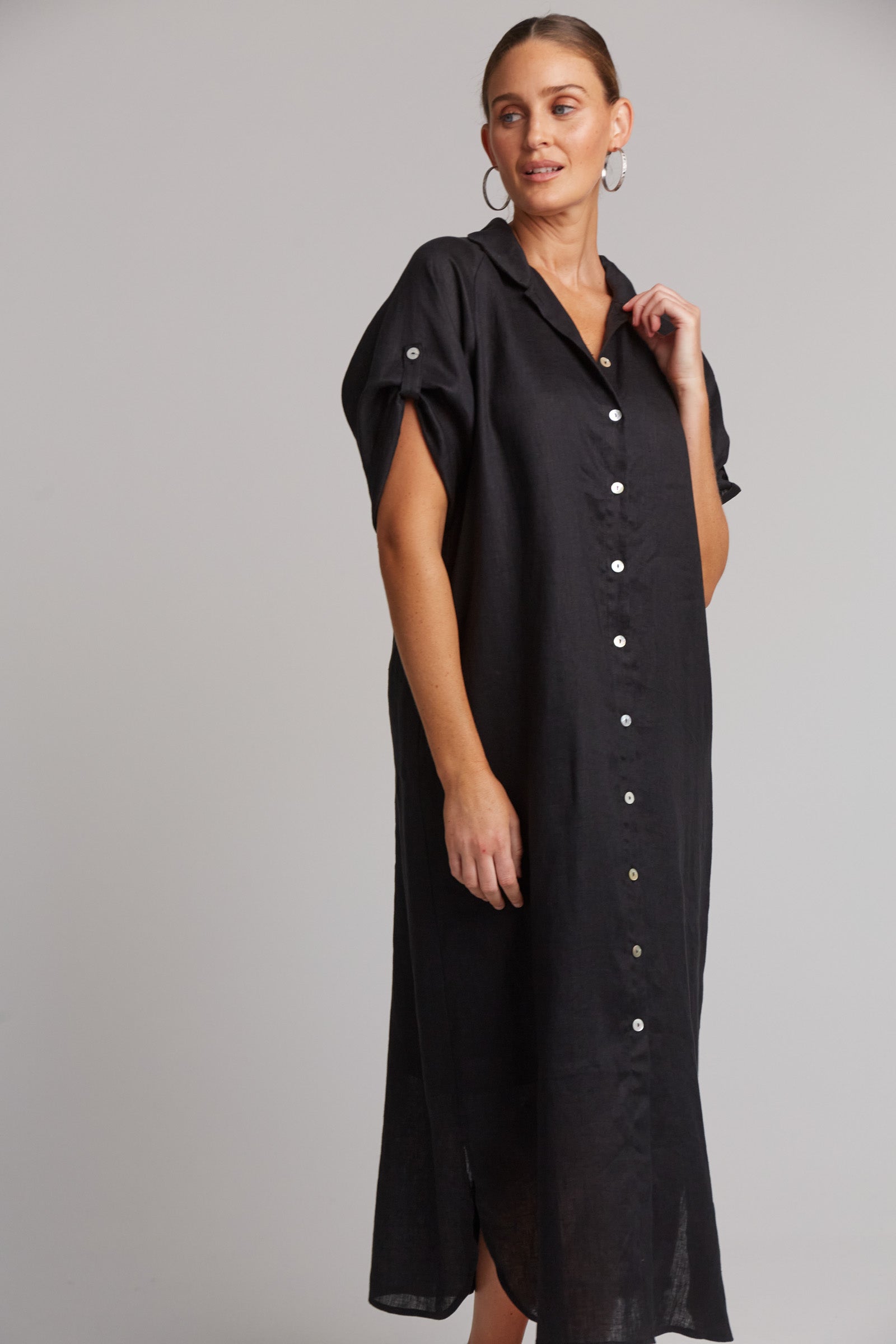 Eb&Ive Studio Linen Maxi Long Shirt Dress with pockets Black Ebony