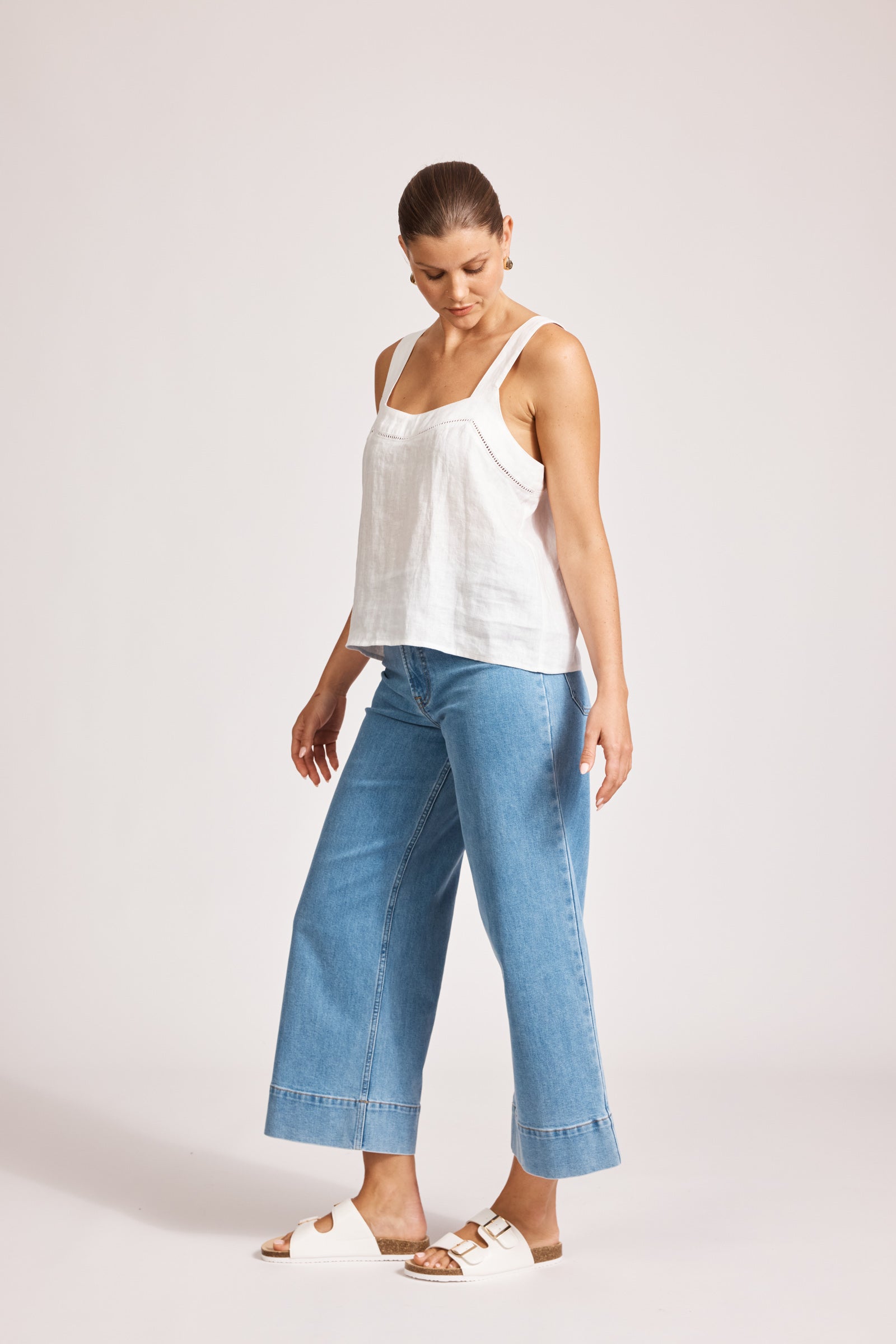 Eb&Ive Miramar linen crop  top sleeveless square neck crop relaxed casual work blouse cotton summer white 